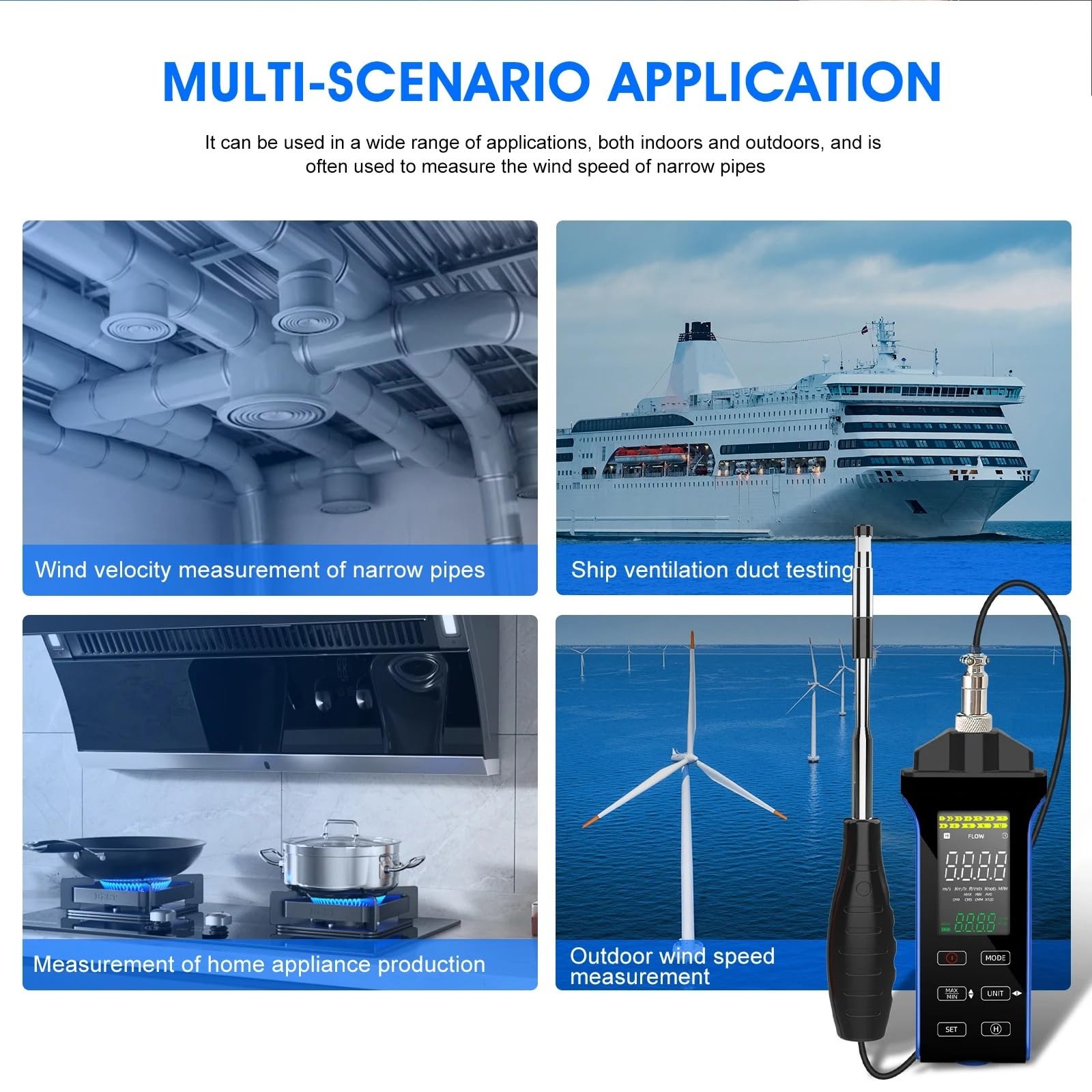 Anemómetro digital de alta precisión, medidor velocidad, temperatura y del viento con sensor retráctil, rango 0,1 a 30 m/s