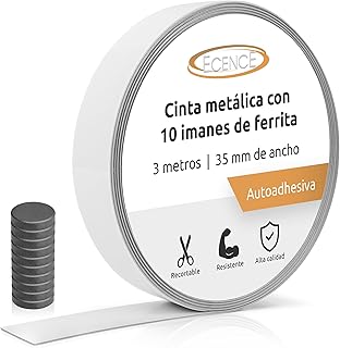 ECENCE Fita metálica adesiva 3 m x 35 mm, com 10 ímanes de ferrite, tira de aço para notas, fotos, figuras e pontos