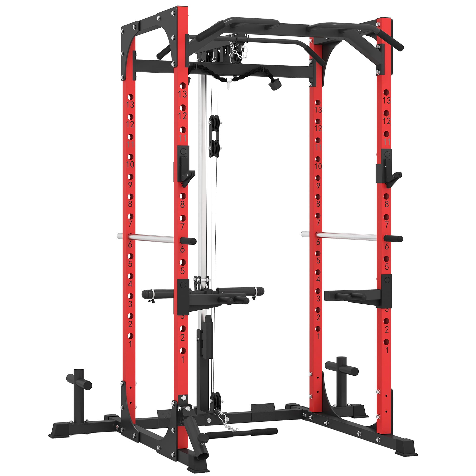 SPORTNOW Power Tower, estación de Fitness con estación de Cables, Soporte para Barras, Mancuernas y Barra de inmersión, Gimnasio Multifuncional de Acero, para Gimnasio en casa, 191x153x205 cm, Rojo y
