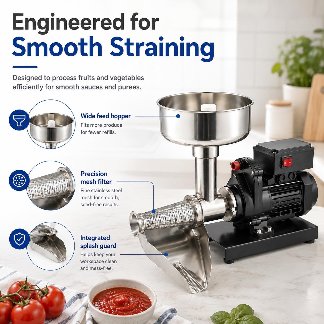 Machine À Sauce Tomate Commerciale 450 W, Moulin En Acier Inoxydable | Passoire et auge réglables, débit de 50 à 160 kg/h, for tomates, baies, pommes, citrouilles(Black)