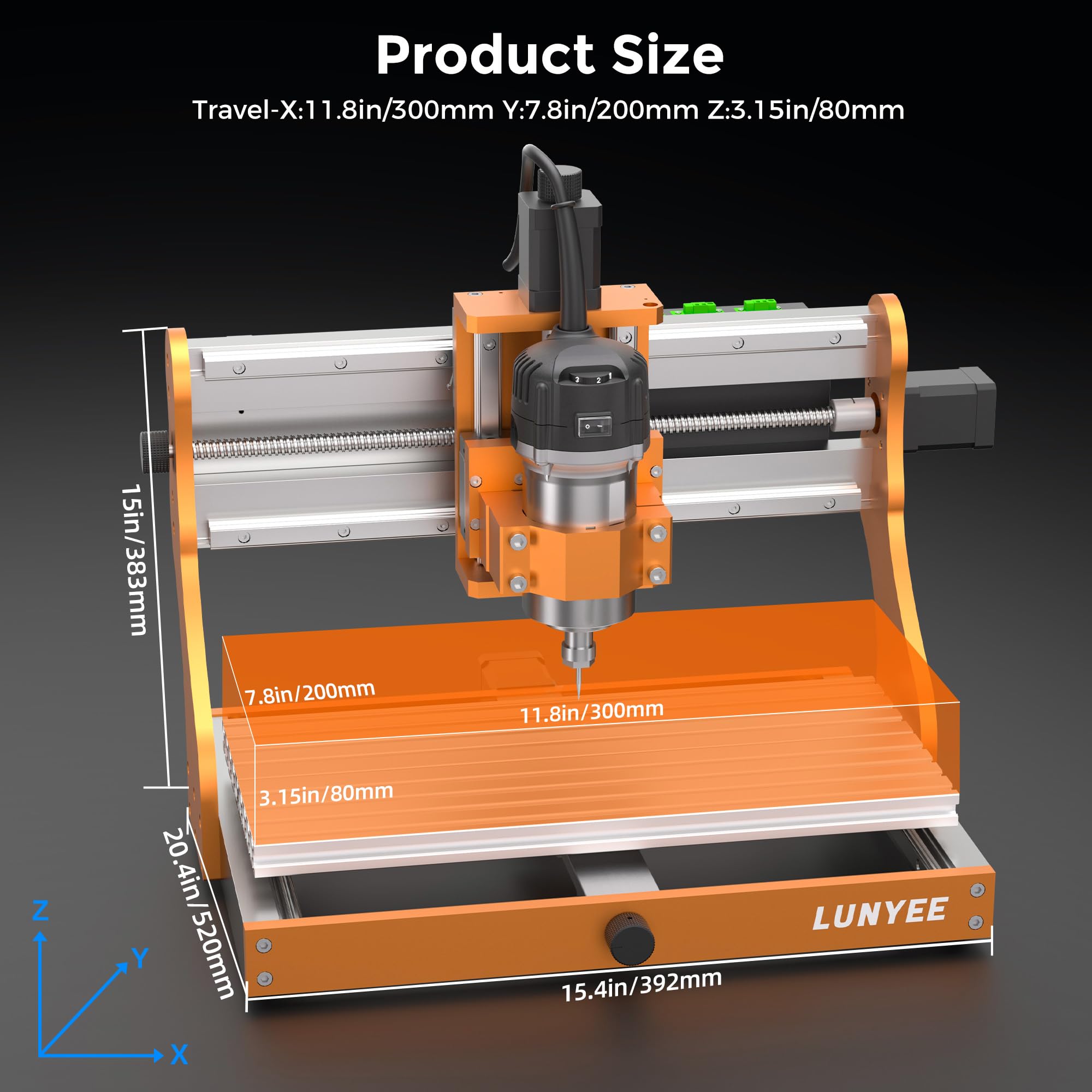 LUNYEE 3020 Nova CNC Router Machine, całkowicie metalowe prowadnice liniowe XYZ i śruba kulowa z routerem trymera 800 W, nadaje się do cięcia aluminium, mosiądzu, stali nierdzewnej, drewna, akrylu