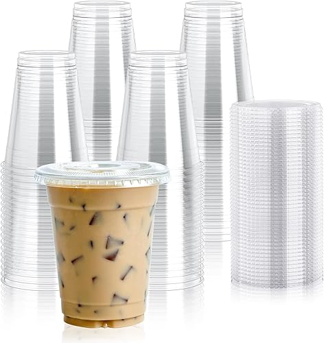Lilymicky 90 juegos Vasos de plástico transparente de 16 onzas con tapas planas, vasos desechables para beber, vasos de plástico de 16 onzas para
