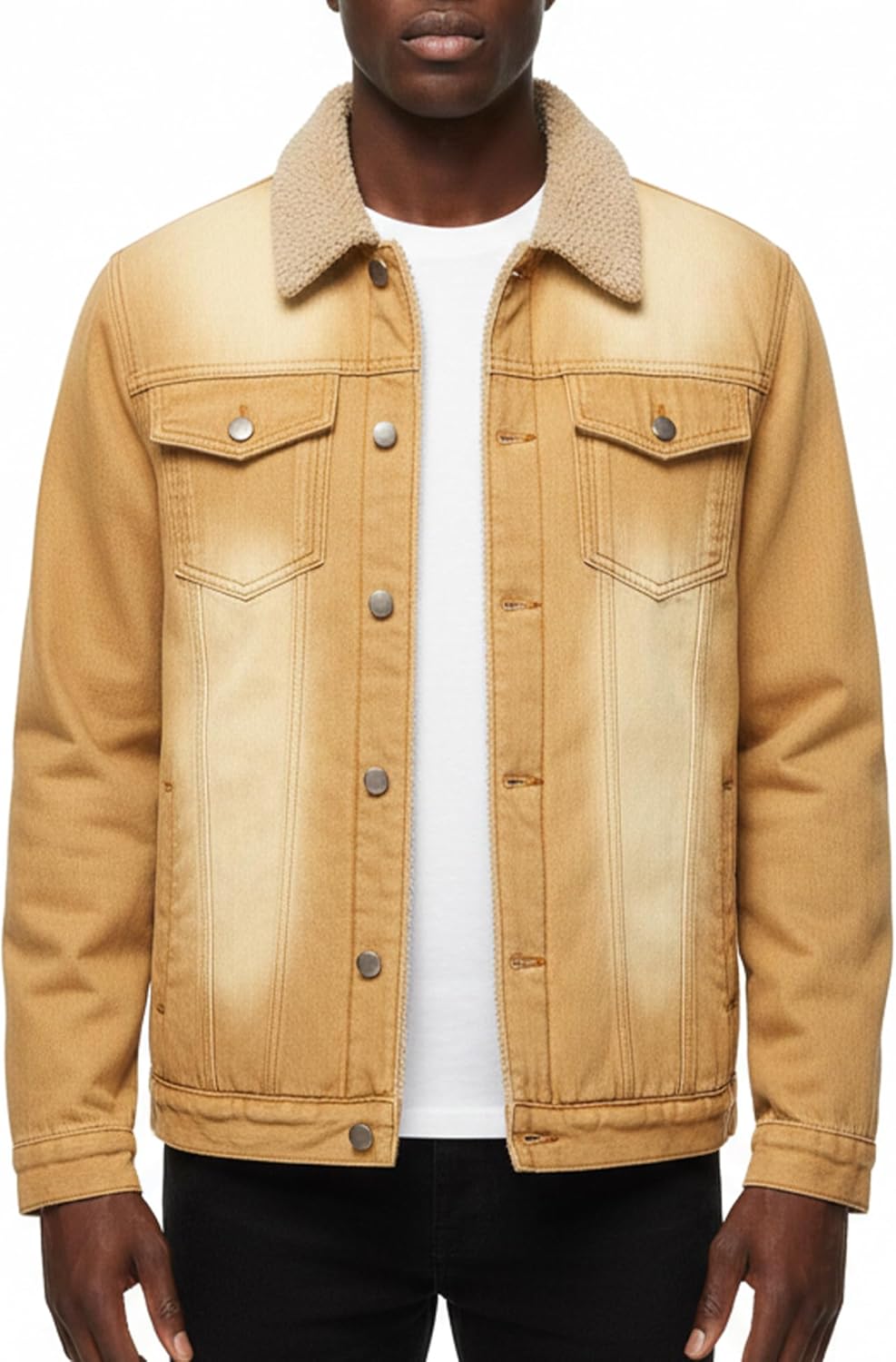 Men's Sherpa Fleece Lined Thicken Denim Jacket, Men Lapel Winter Warm Jean Jacket, Slim Fit Trucker Cowboy Denim Coat