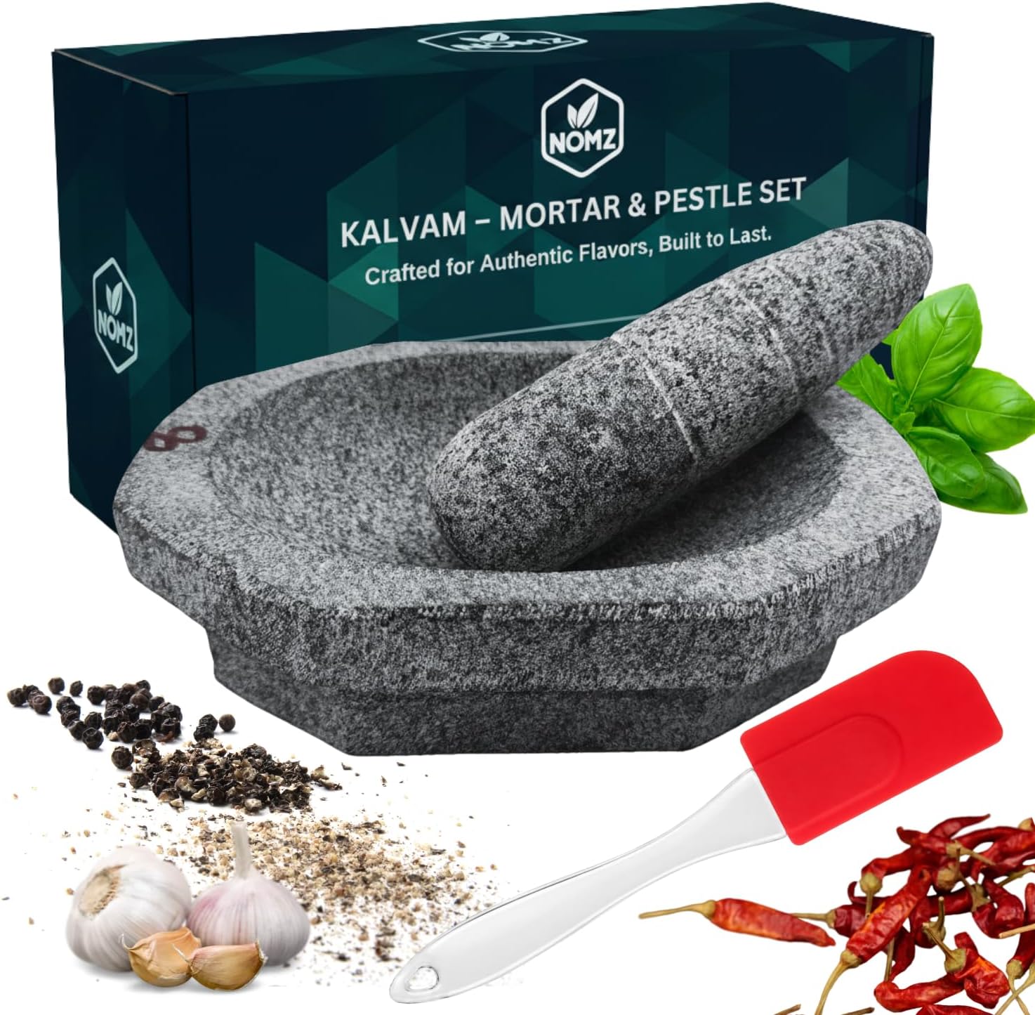NOMZ Kalvam Stone Mortar and Pestle Set with Anti-Slip Pad & Silicone Spatula - 2.8 kg Medium, 8 inch Block Shape - Khalbatta/Silbatta