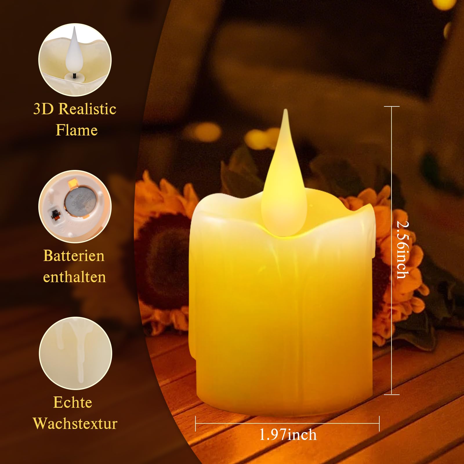 Velas LED parpadeantes con pilas, 4 cm x 6,5 cm, cera auténtica, batería realista, 6 unidades de velas LED para exteriores, llama parpadeante para bodas, fiestas