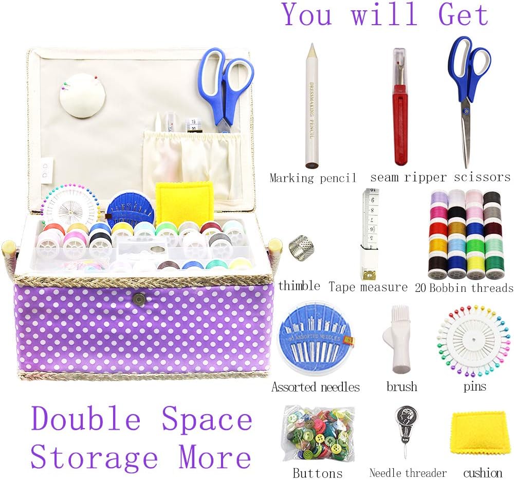 Large Sewing Basket with Accessories,Wooden Sewing Organizer Box for Sewing Supplies and DIY Crafting Tools Storage,Sewing Kit Tools for Sewing Mending,Polka Dots (purple)