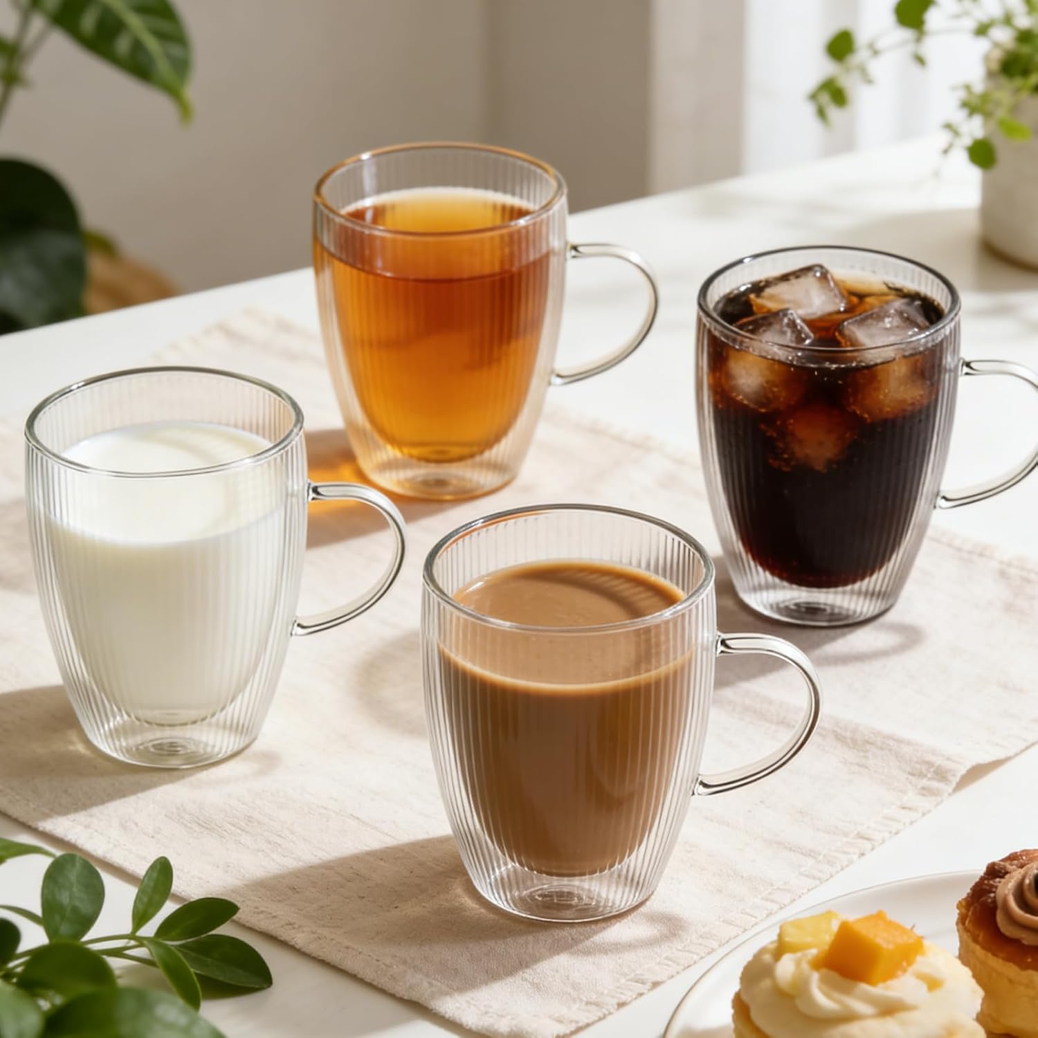 4 Pack Double Wall Glass Coffee Mugs, 12oz Glass Coffee Cup with Handle, Double Insulated Coffee Mugs Perfect for Espresso, Cappuccino, Latte, American, Tea Bag, Hot Beverages