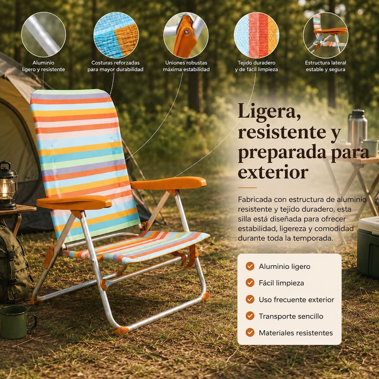Silla de Camping Respaldo Alto - Plegable y Reclinable - para Playa, Terraza, Piscina, Jardín - 37cm Altura Asiento - Ocre a Rayas - con Asas de Fácil Transporte y Reposabrazos - Textileno y Aluminio