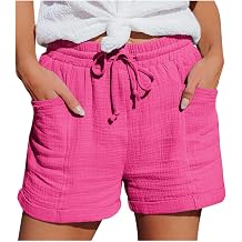 Casual Linen Shorts for Women Summer Elastic Waist Soft Gauze Beach Shorts Loose High Waisted Cotton Lounge Short