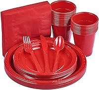 Vista 9 de 175 piezas de suministros para fiestas negros, juego de vajilla desechable, platos de plástico y servilletas de papel, vasos, cubiertos, sirve 25