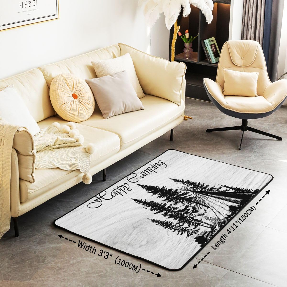 Homewish Ognisko Namiot Dywanik 150 x 200 cm do sypialni - Szkic Rysunek Drzewa Sosnowe Dywany Obóz Salon Dom Wiejski Wesoły Kemping Niegubi Dywan Domek Domek Sosny Kamper Duże Dywany