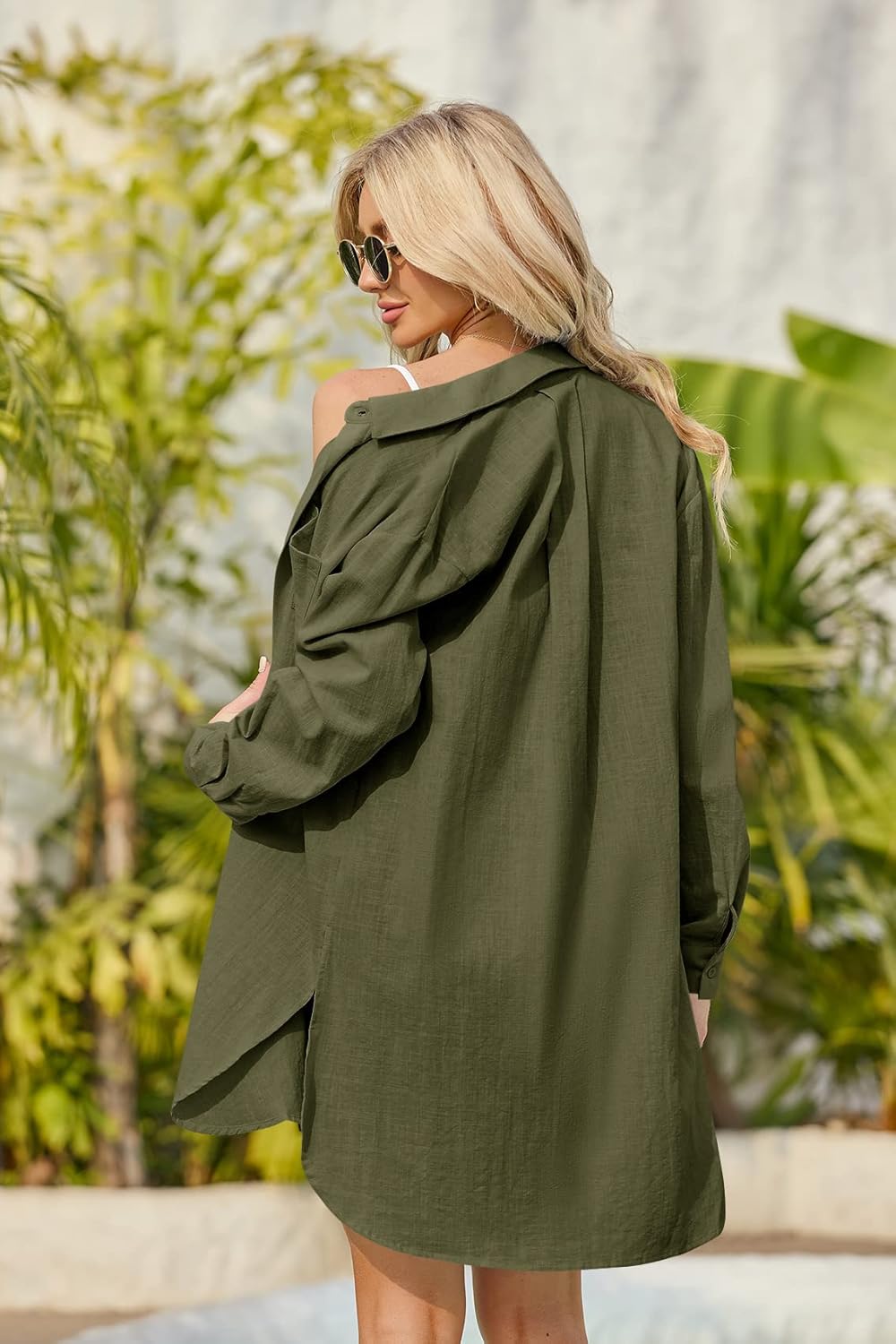 Runcati Womens Button Down Shirts Linen Cotton Long Sleeve Blouse Tunic Tops Cover Up Shirt Loose Beach Bikini Dress - Image 4