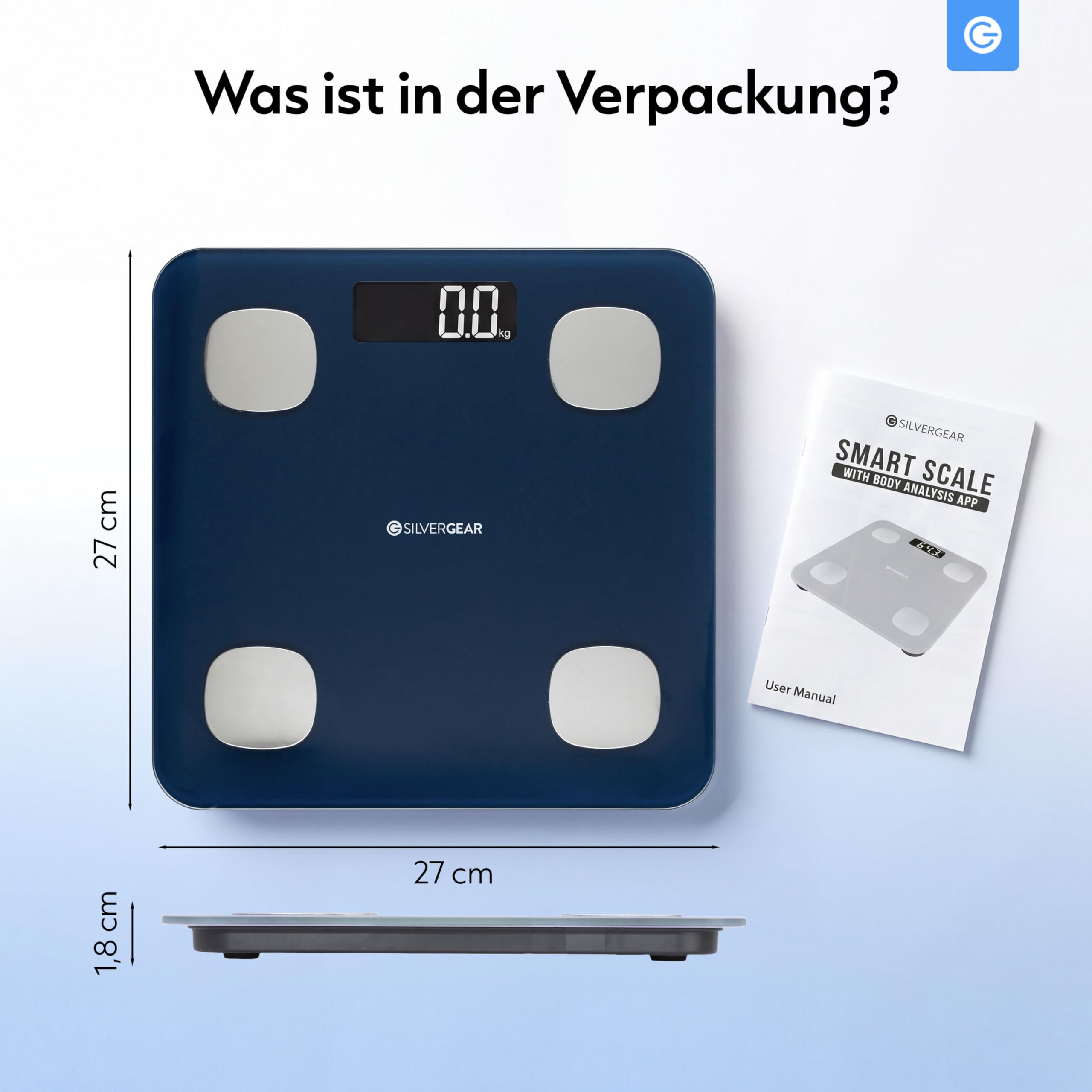 Silvergear® Körperfettwaage | Personenwaage Digital | Bluetooth Körperfettwaage mit App | Smart Waage für Körperanalyse, Muskelmasse & BMI | 27x27cm | Blau
