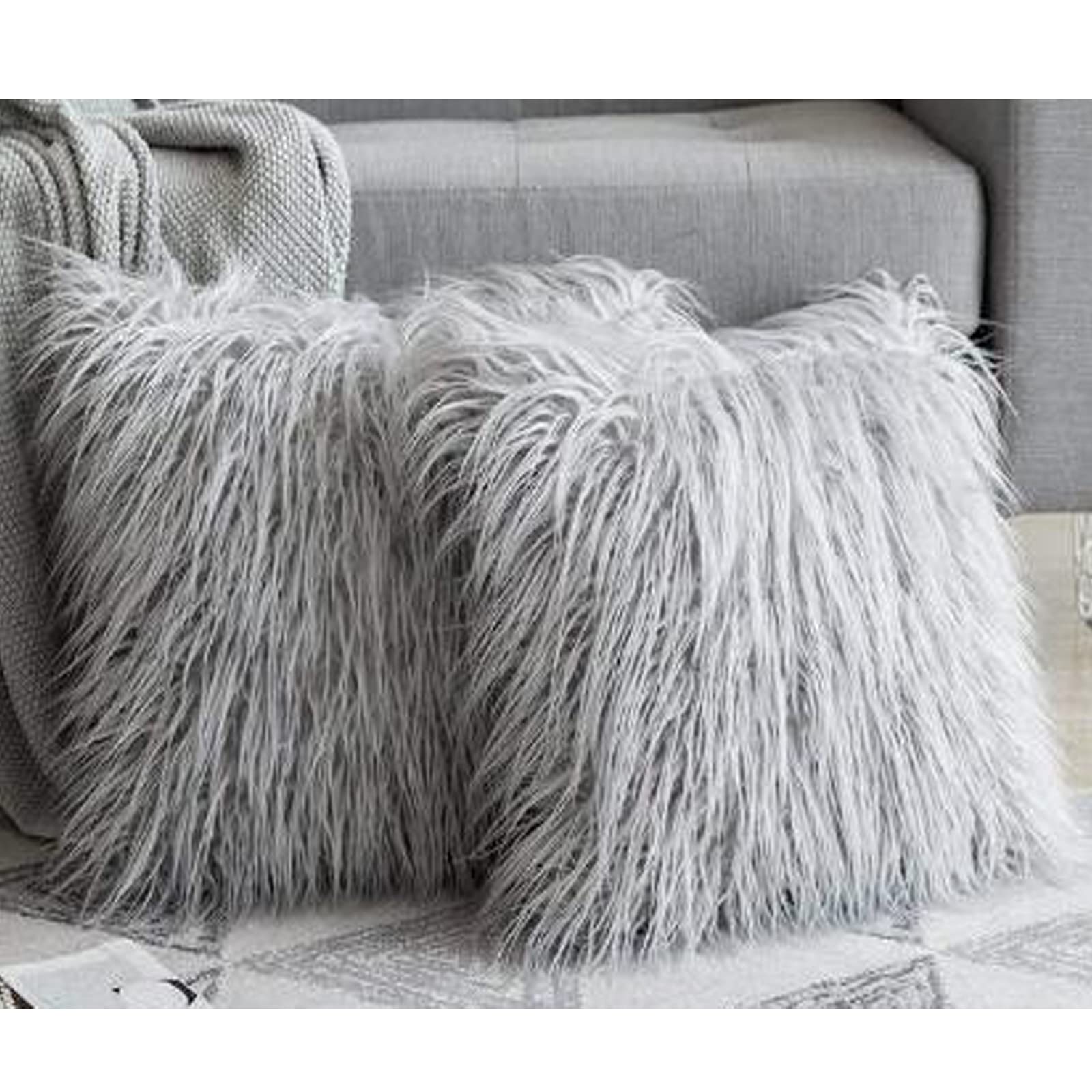 NC Faux Fur Pillow Covers Grey Fluffy Soft Square Pillow Cases Luxury Throw  Decorative Pillow Cover Plush Modern Cushion Covers for Living Room Sofa