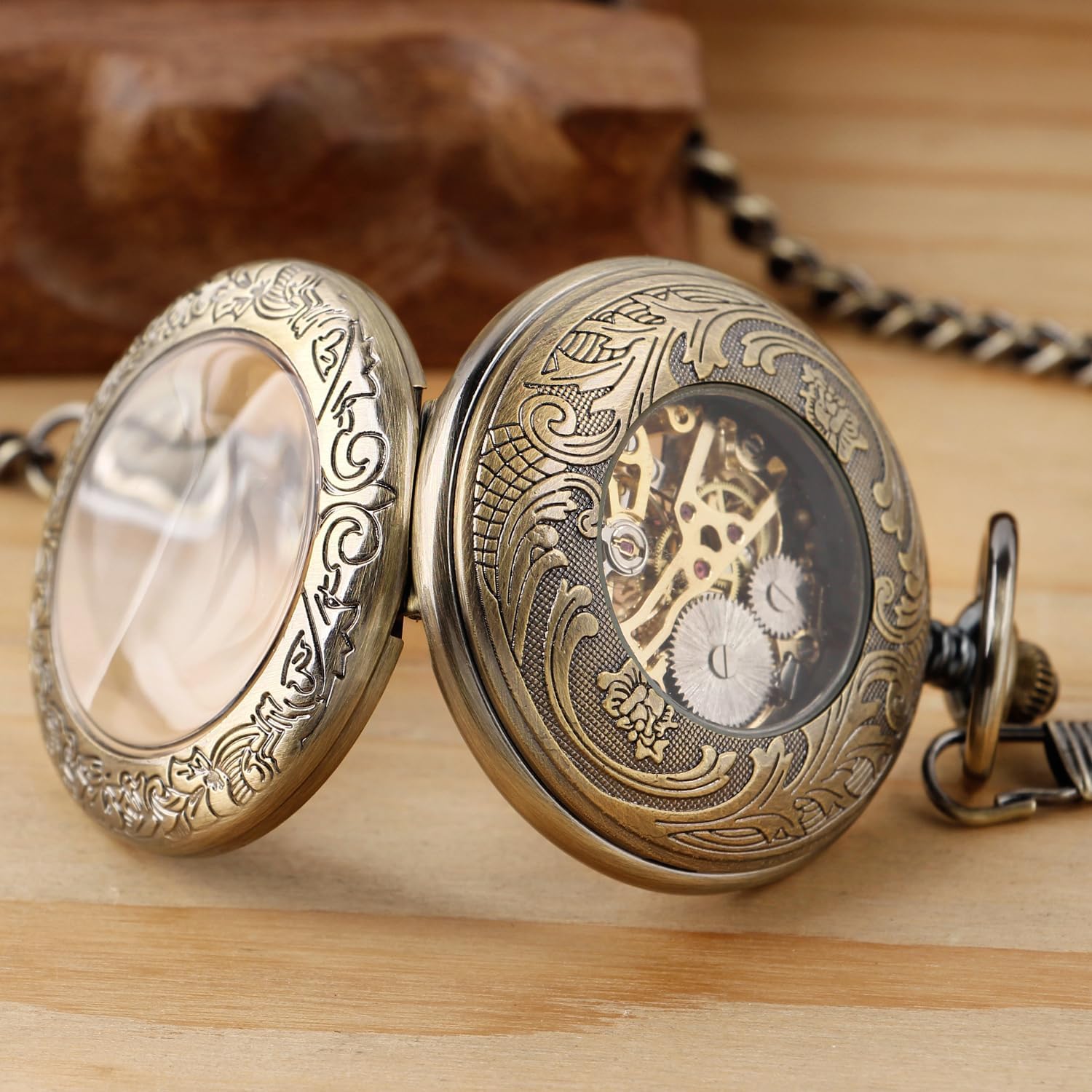 Tiong Orologio da tasca meccanico in bronzo con copertura trasparente, movimento meccanico da uomo, quadrante con numeri arabi, orologio da tasca con apertura singola