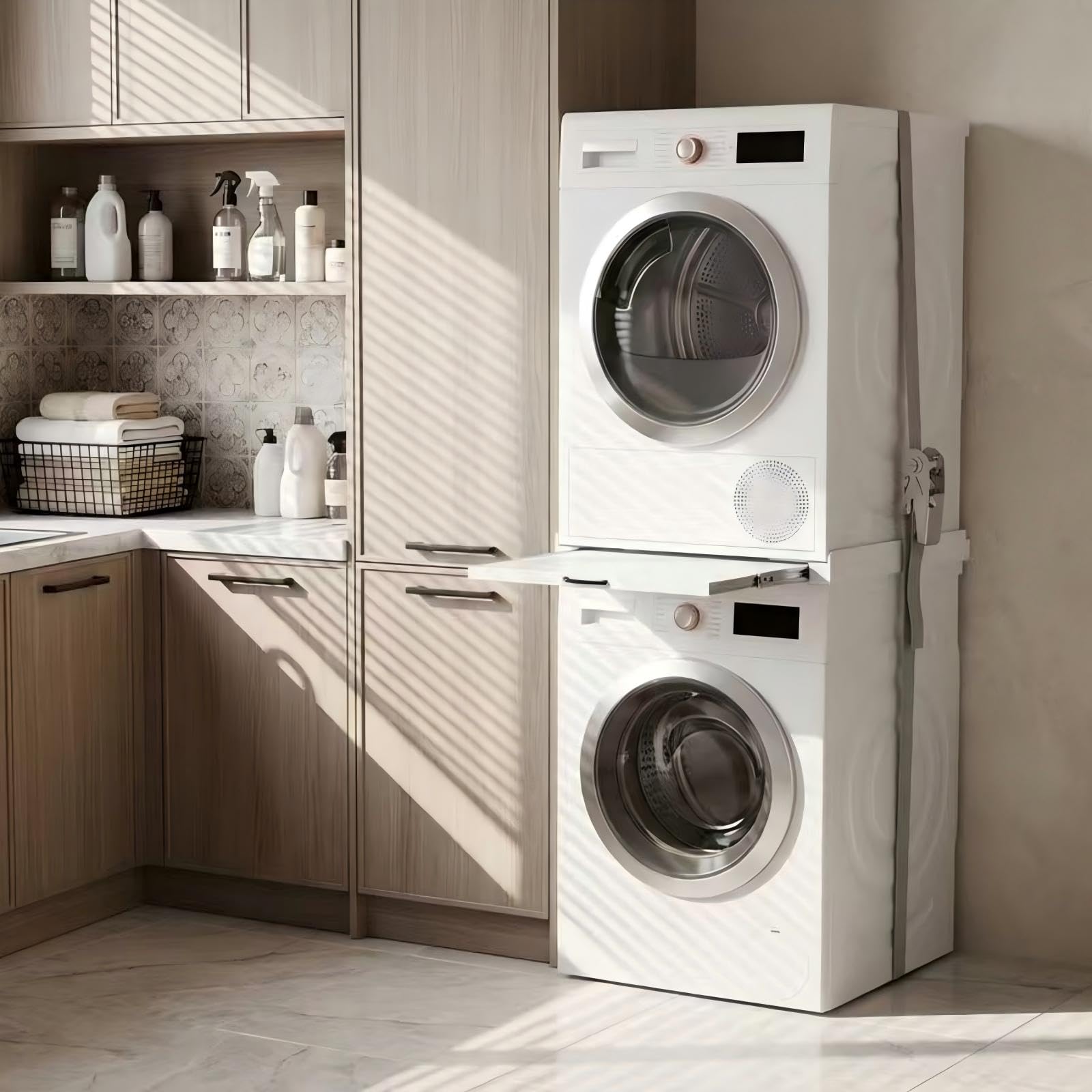 Zwischenbaurahmen Trockner Waschmaschine Verbindungsrahmen Waschmaschine Trockner Universell, Verstellbar 47-60 CM Zwischenteil Waschmaschine mit Riemen und Rutschfesten Pads Tragfähig & Stabi