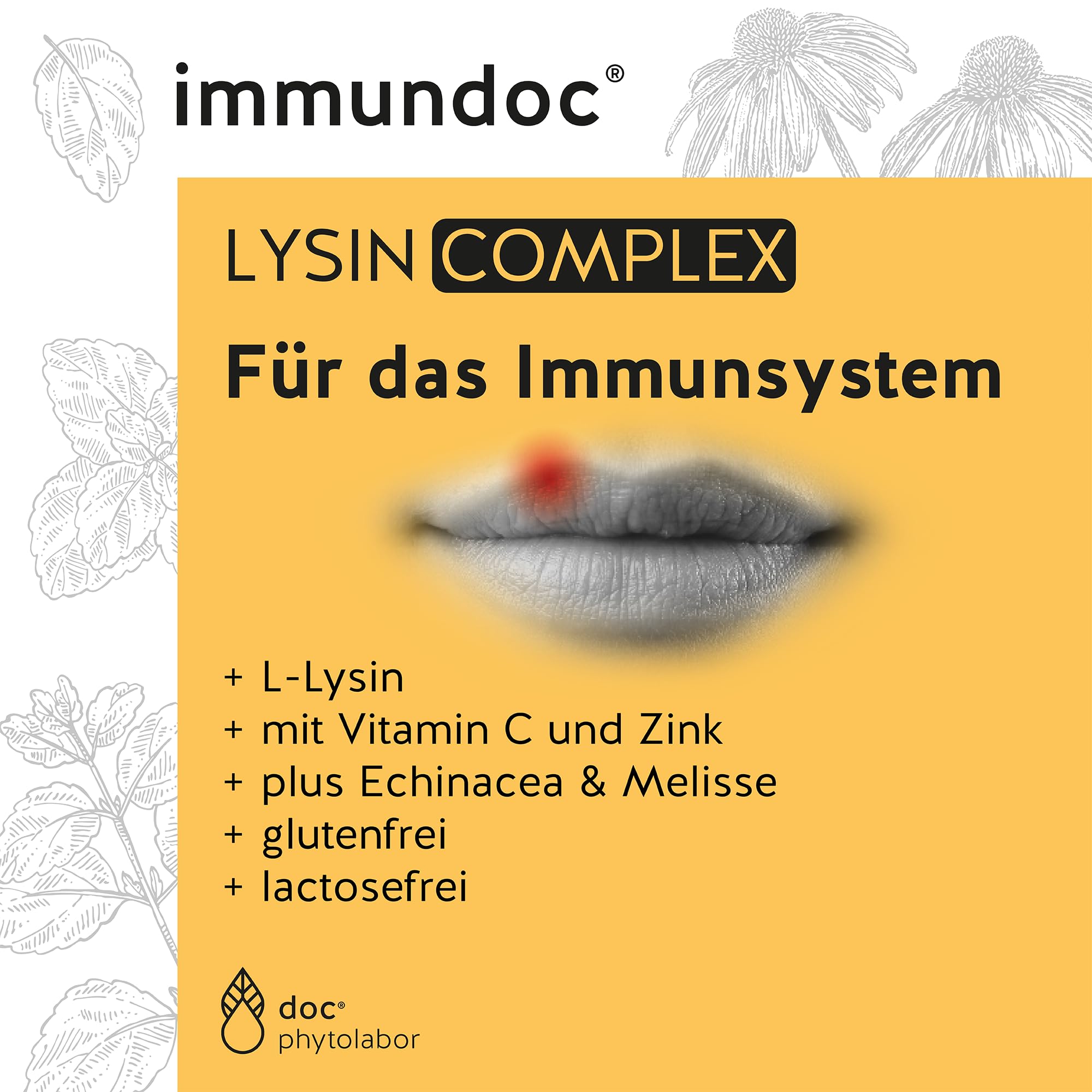 immundoc LYSIN COMPLEX, L-Lysin Tabletten, 60 Stück, mit 1000 mg L-Lysin pro Tagesdosis, mit Vitamin C, Zink und Pflanzenextrakten, glutenfrei und laktosefrei