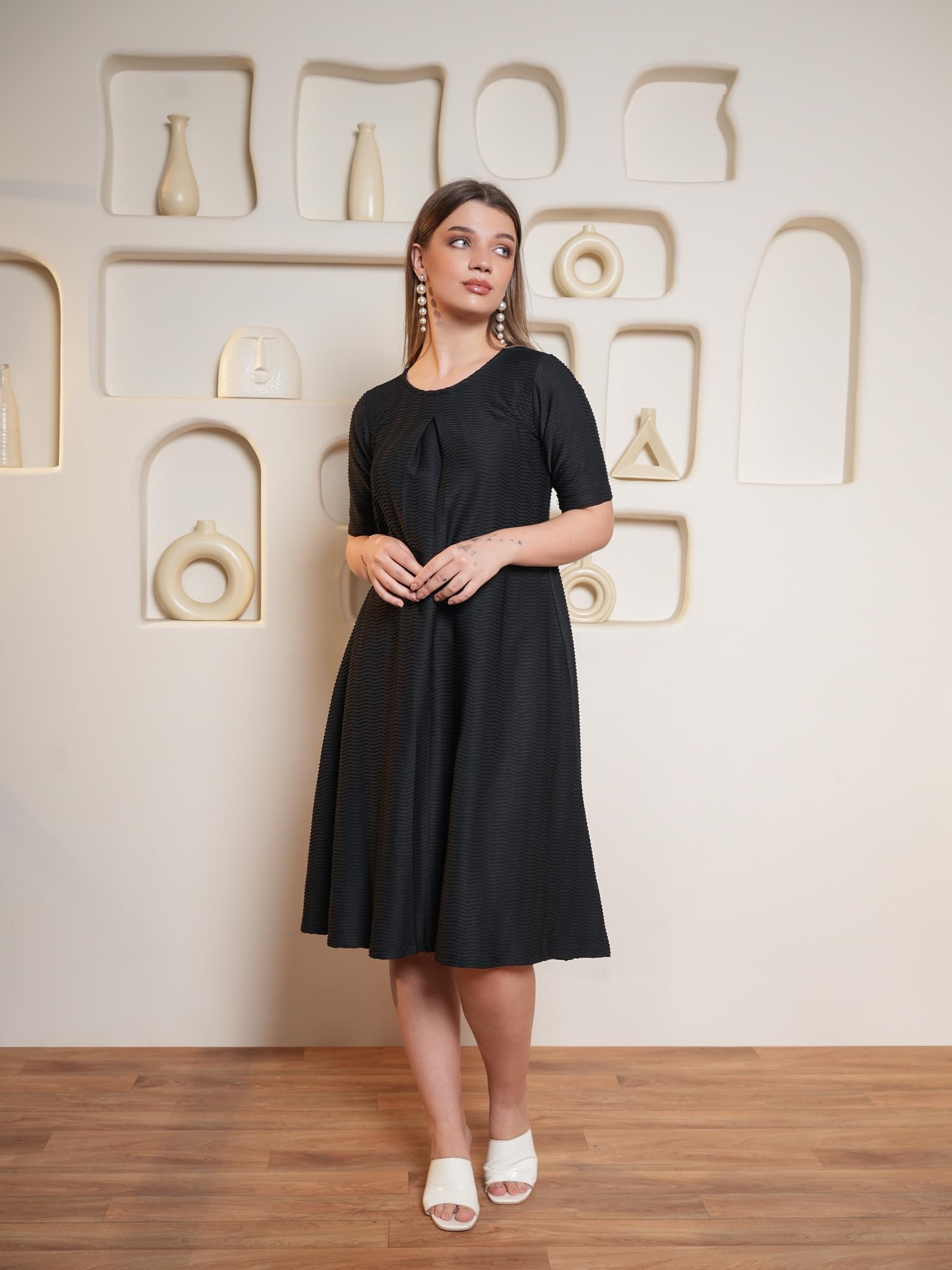 Purvaja Womens A-Line Midi Length Dress (Yuvi-054-Black_Black_Small)