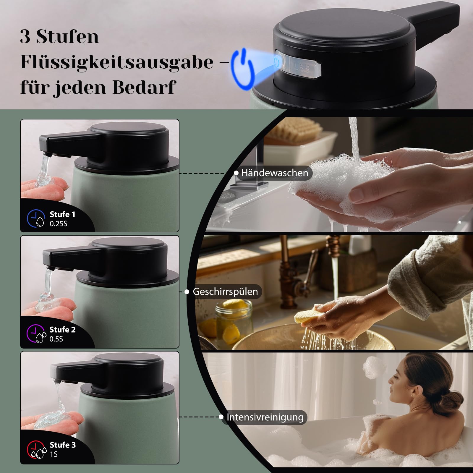Juego de baño de 3 piezas, dispensador automático de jabón de 350 ml, recargable, vaso para cepillos de dientes de 280 ml y bandeja, moderno juego de baño minimalista verde, accesorios de