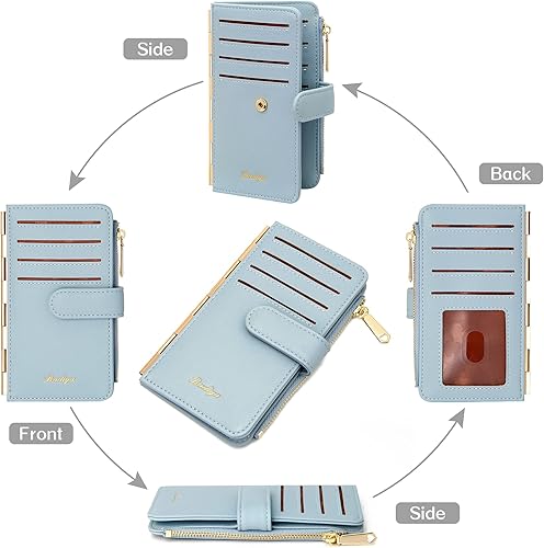 Miniatura 7 de Badiya Tarjetero de crédito para mujer, con bloqueo RFID, delgada, plegable, con bolsillo con cremallera y 3 ventanas para identificación