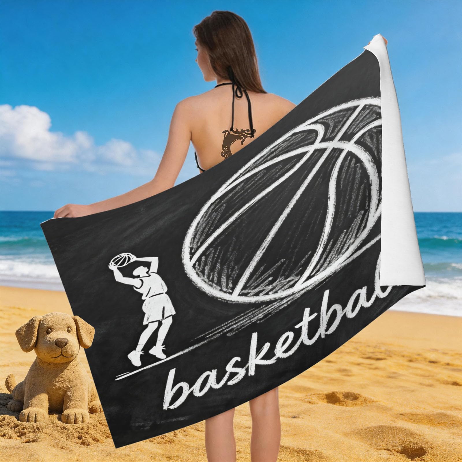 Leichong 3D Basketball Illustration Beach Towel Microfiber Soft Quick Dry for Adults, Sports Theme Bath Towel Lightweight Soft Absorbent for Travel Swimming Pool Sports, 75 x 150 cm