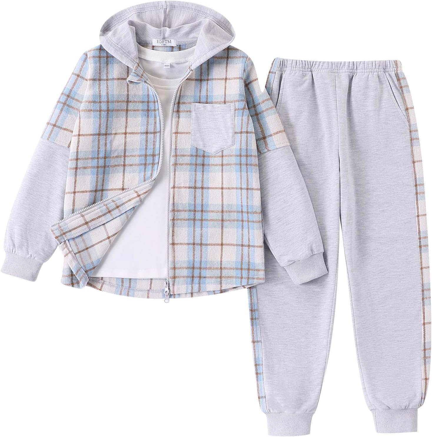 2Pcs Girls Clothes Zip Up Plaid Flannel Hoodie Shirts and Jogger Sweatpants for Kid...