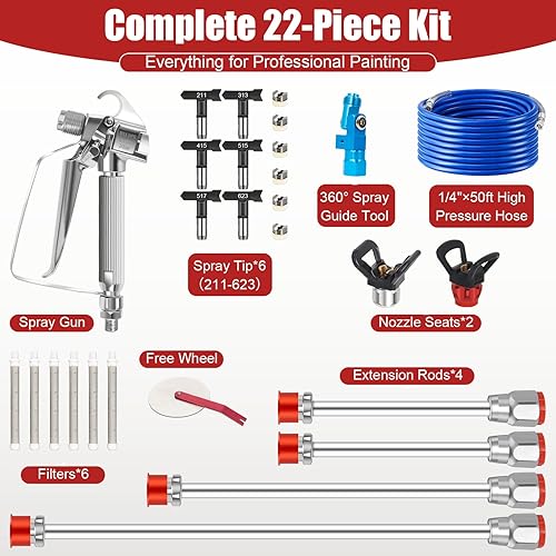 Miniatura 3 de Kit de pistola pulverizadora de pintura sin aire de alta presión de 3600 PSI, pistola rociadora con manguera de 50 pies, 6 puntas reversibles