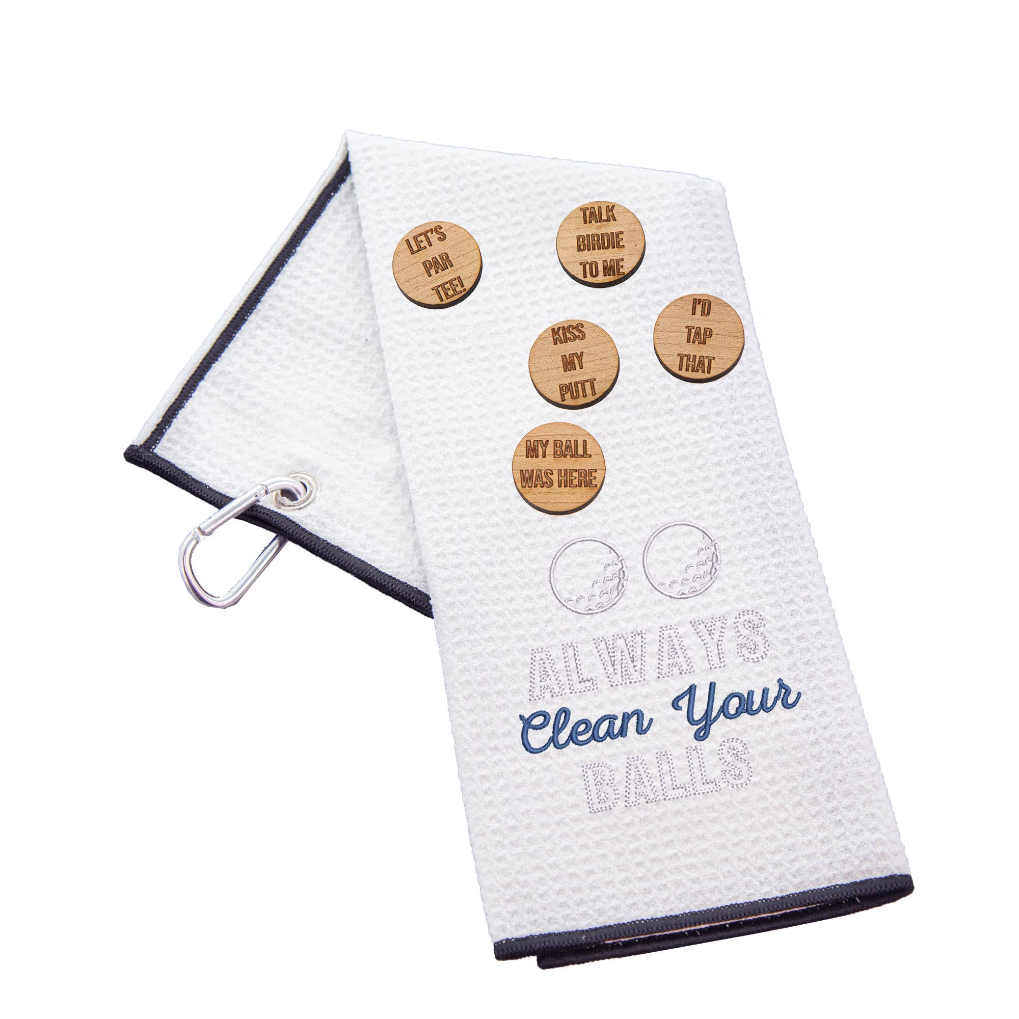 aztex Funny Trifold Golf Towel and Comedy Wooden Ball Marker Set Gift for Men, Carabiner Clip for Golf Bags, Clean Your Balls, Waffle White