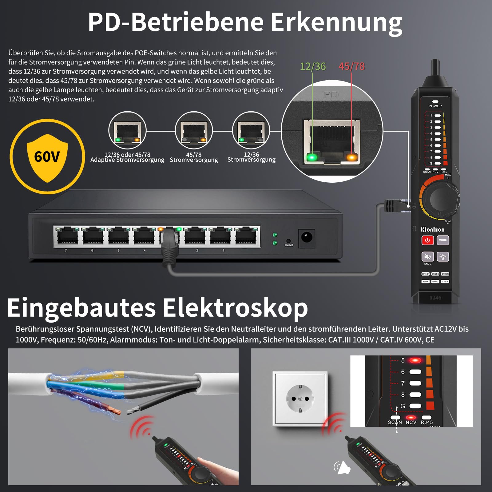 Henkion Multifunktions-RJ45-Netzwerkkabeltester,Kabelverfolger,Aufladbar,UTP-Kontinuitäts-und Steckerfehlertest,Länge,OPM,POE 802.3af/at/bt und nicht standardmäßige POE-Erkennung,Port-Blinken,NCV