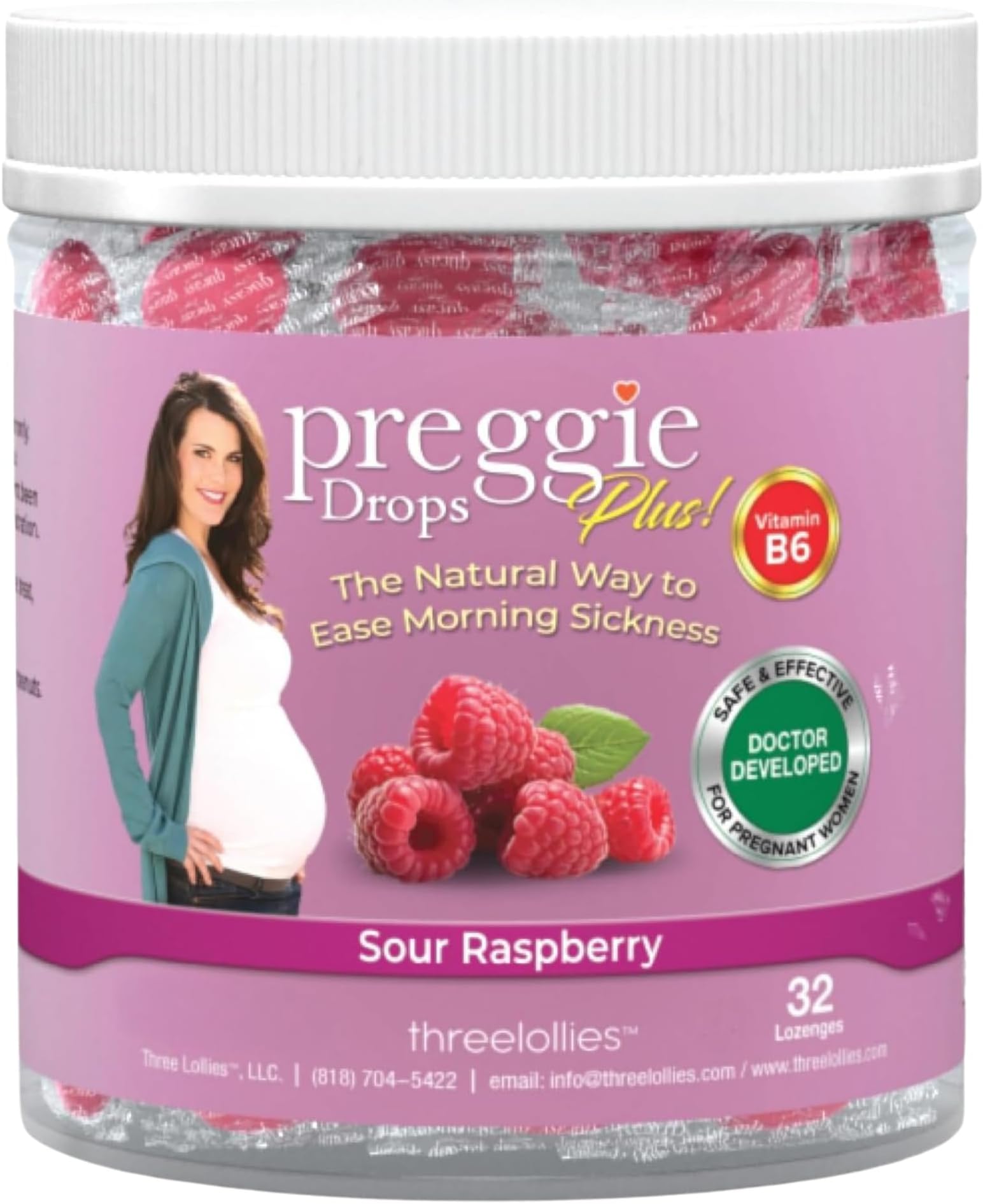 Preggie Pop Drops Plus with Vitamin B6 for Pregnancy Nausea Relief, Morning Sickness Candy with Essential Oils for Pregnant Women – Sour Raspberry, 32 Count