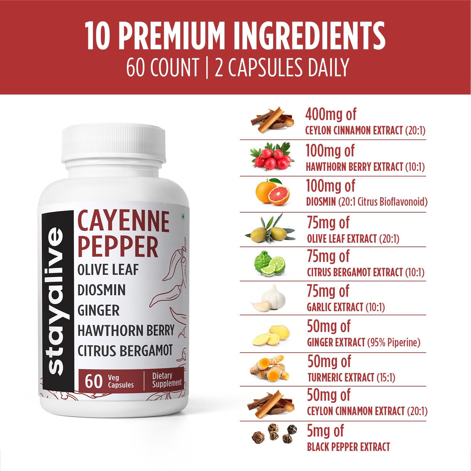STAY ALIVE Cayenne Pepper Capsules w/Ginger, Garlic, Turmeric, Hawthorn, Diosmin, Citrus, Ceylon Cinnamon and Olive Leaf Extract, 10-in-1 Blend, 60 Pills, Non-GMO & Gluten-Free Supplement - Image 3 thumbnail