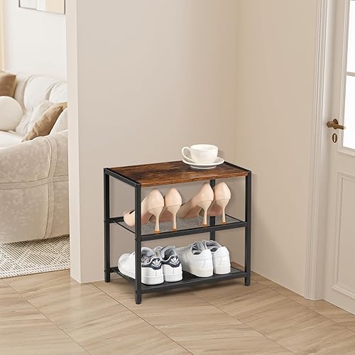 Miniatura 7 de Zapatero de madera de 3 niveles con estantes de malla metálica, para entrada, armario, pasillo y dormitorio con capacidad para 6 pares, ideal para