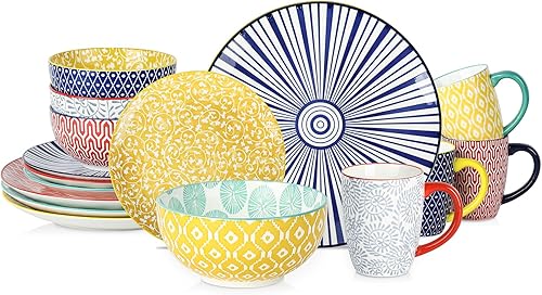 Selamica Juego de vajilla de cerámica de 16 piezas para 4, juego de platos de cerámica y cuencos, platos de postre para ensalada, cuencos de disponible en Yaxa Peru