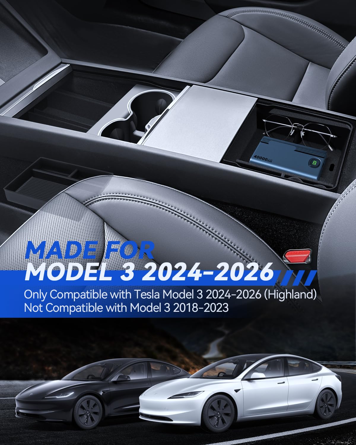 3 Pcs Zubehör für Tesla Model 3 2024-2025 Mittelkonsole Organizer, Silikon Organizer Tray und Armlehne Aufbewahrungsbox (Beflockung)