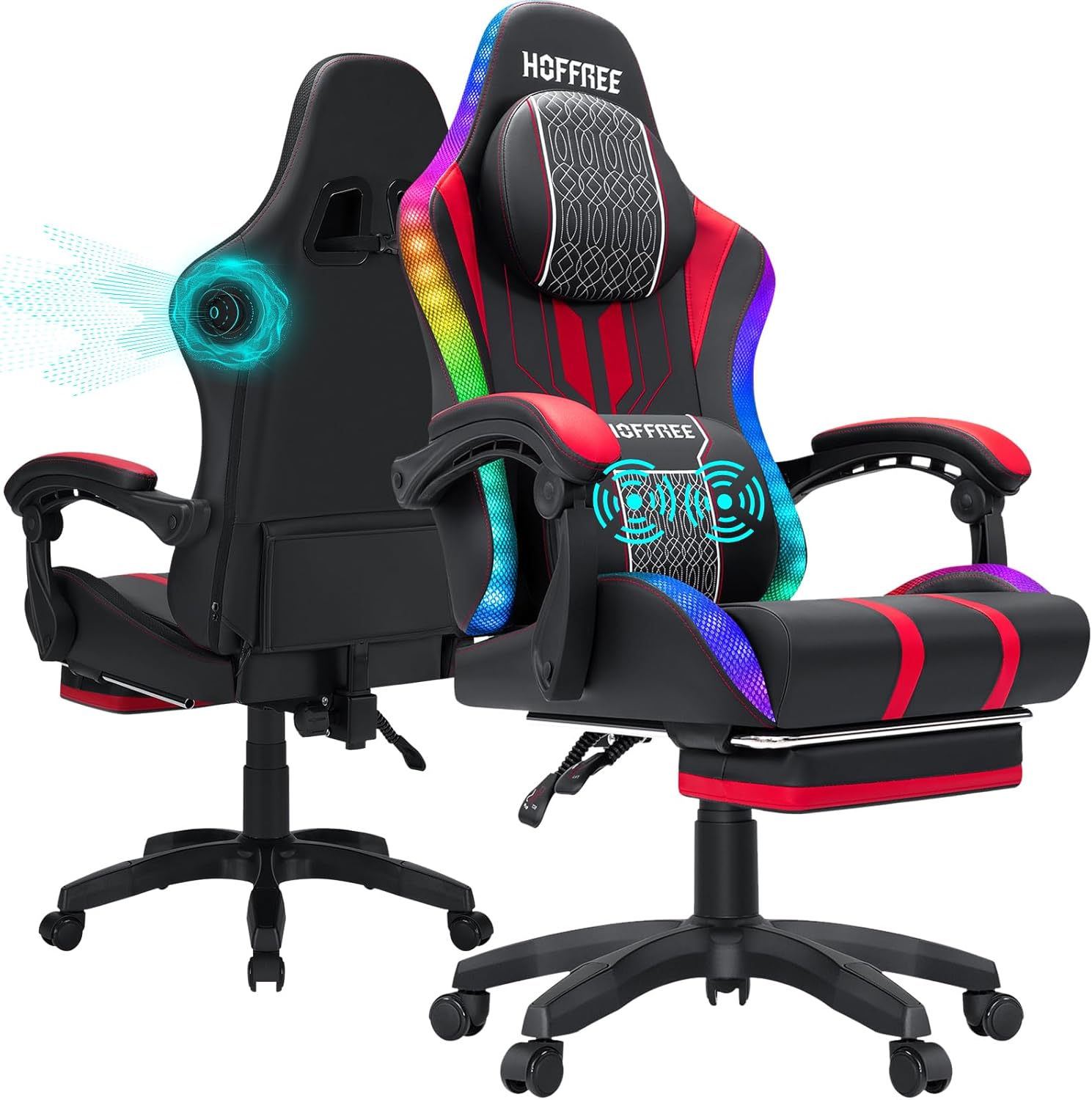 HOFFREE Led Gaming Chair with Speakers and Massage Big and Tall Video Game Chair for 400lbs with Footrest Reclining High Back Computer Chair Red Black