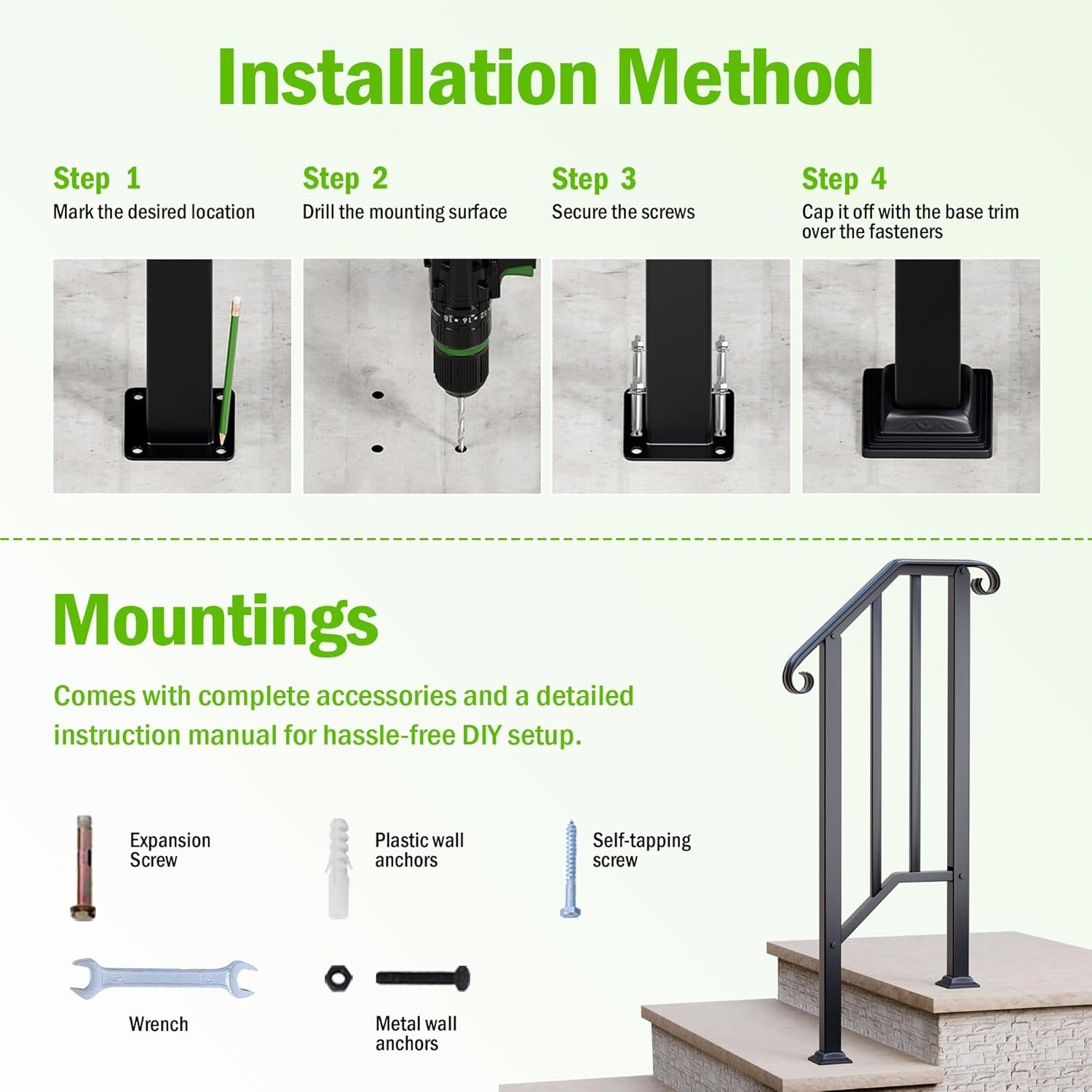 2 Pack 2 Step Handrails for Outdoor Steps, Wrought Iron Stair Railing Fits 1 or 2 Steps, Metal Hand Rail with Installation Kit, Staircase Handrails for Concrete, Porch, Deck, Exterior Steps, Black