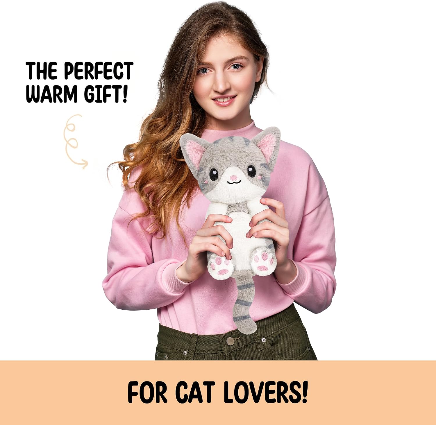 Happy Fuel Grey Cat Microwavable 1.5 lbs Unscented Heating Pad for Women & Kids- Cute Soft Cozy Pillow Plush Heatable Warm Stuffed Animals- Kawaii Hot & Cold Plushie - Gray Cat Gifts for Girls & Women
