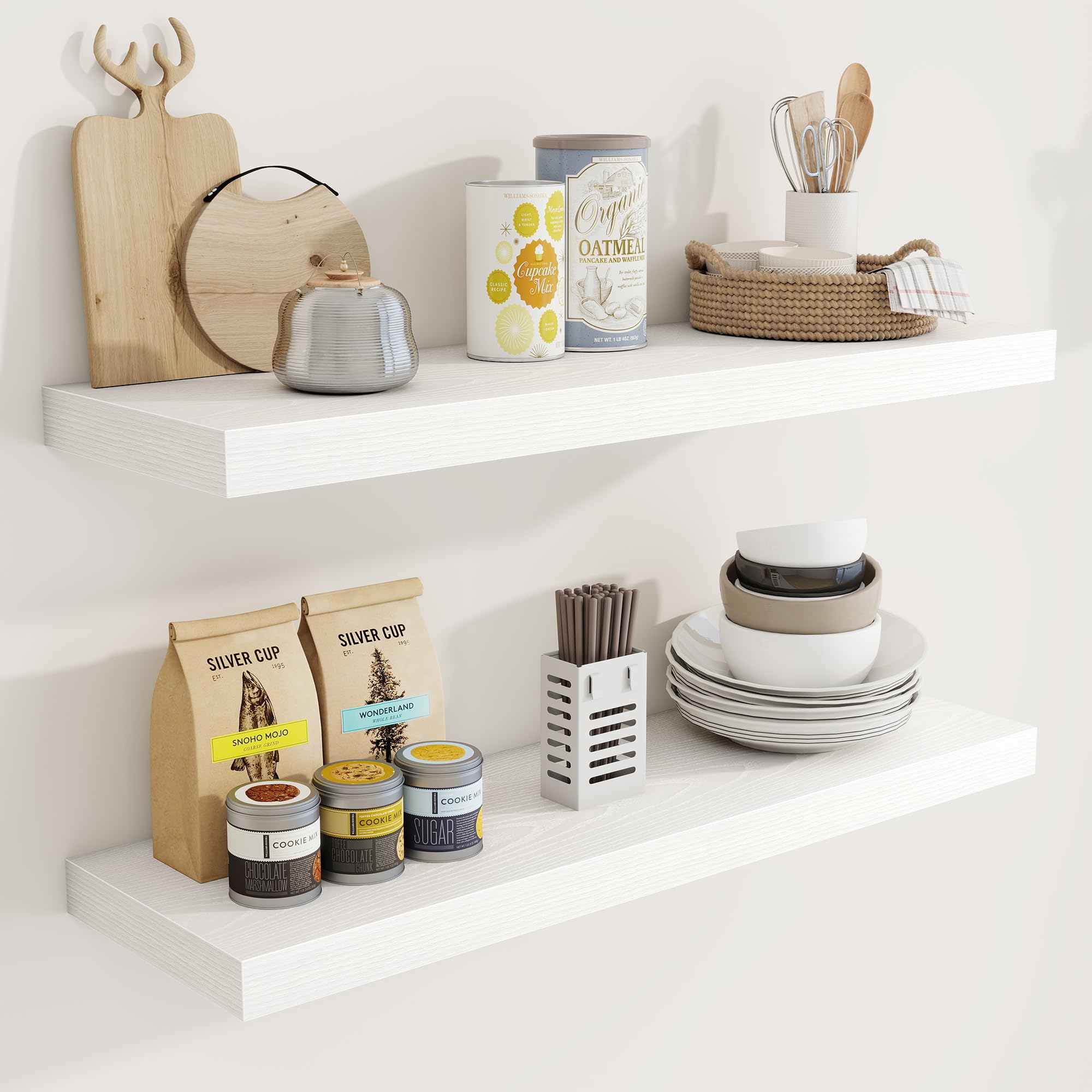 Acovy 80cm Floating Shelves, 23.5cm Deep Floating Shelf Wall Mounted, 80cm Wall Shelves, Rustic Deep Bookshelf, Large Display Shelves & Storage Shelves for Bedroom, Living Room, White, Set of 2 โ image 1