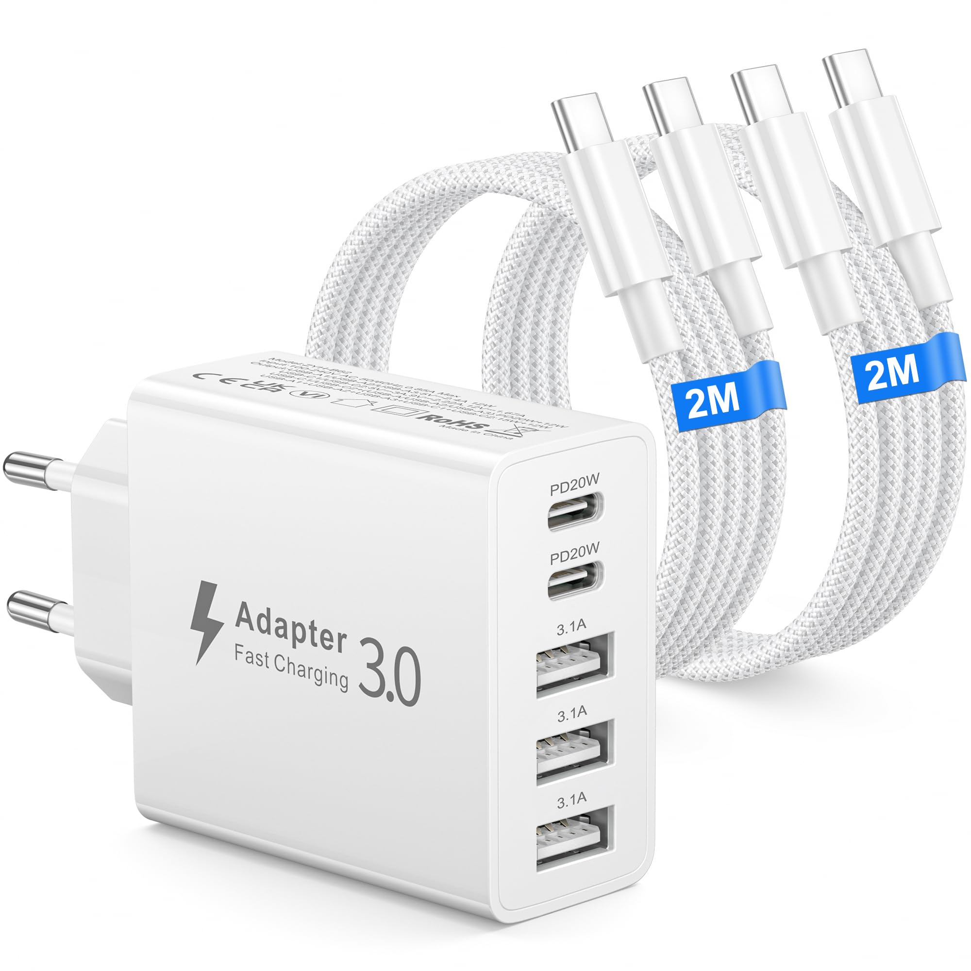Ładowarka USB C, wieloportowa ładowarka 5 portów z 2×2M kablem USB-C na USB-C, zasilacz USB C 50W PD 3.0 Power Adapter wtyczka USB do iPhone, Samsung