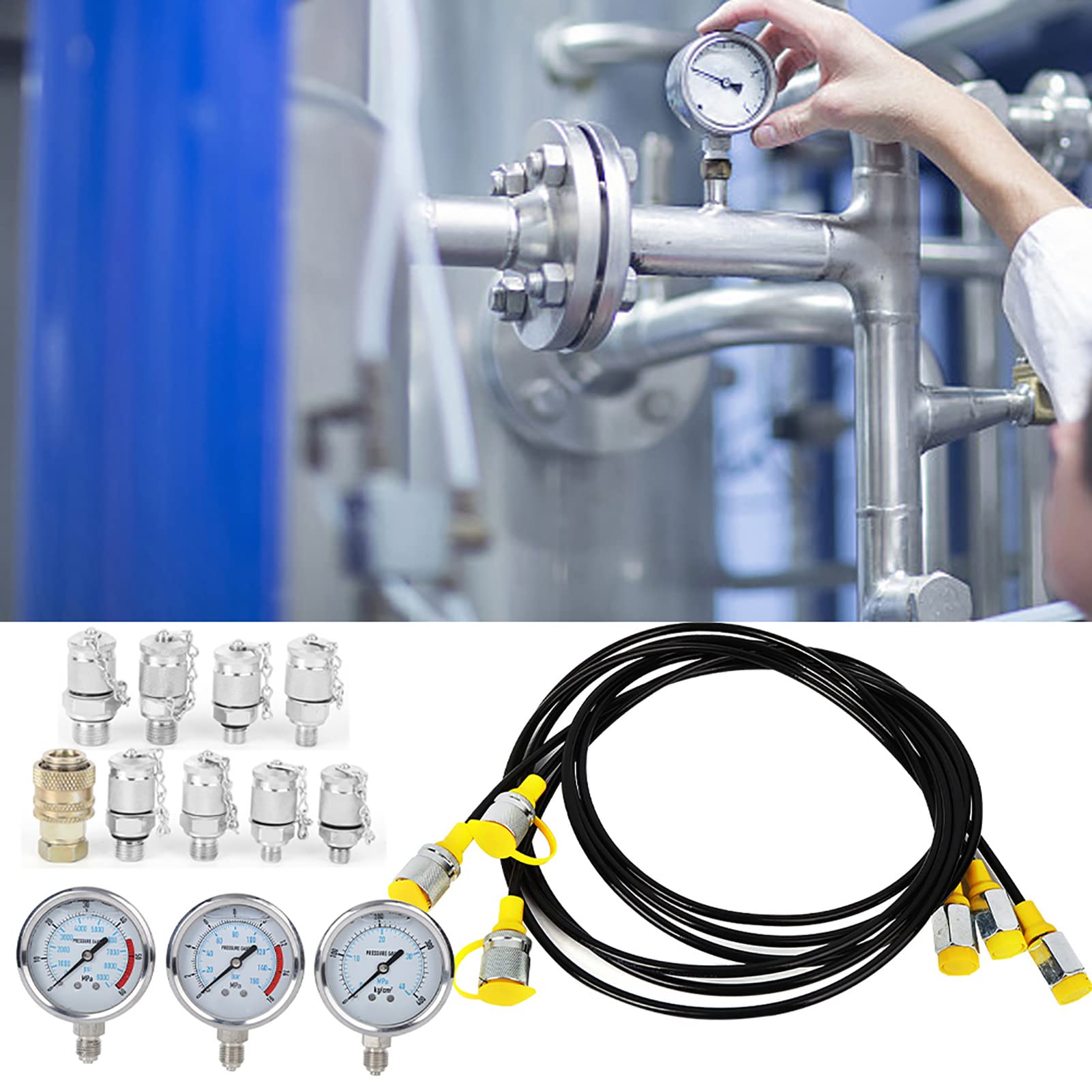 Probador Hidráulico Kit de Prueba de Presión Liviano con 3 Manómetros y 8 Conectores para Líneas Hidráulicas, Herramienta de Prueba de Presión para Automóviles, Potencia del Motor de 1 KW,