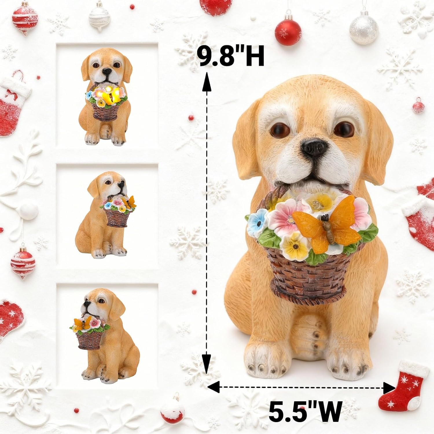 Solar Garden Dog Statue Outdoor Decor – Funny Golden Puppy Figurine with Butterfly & Flower Basket, Resin Yard Porch Patio Ornaments, Unique Christmas Birthday Gifts for Mom Grandma Women - Image 3