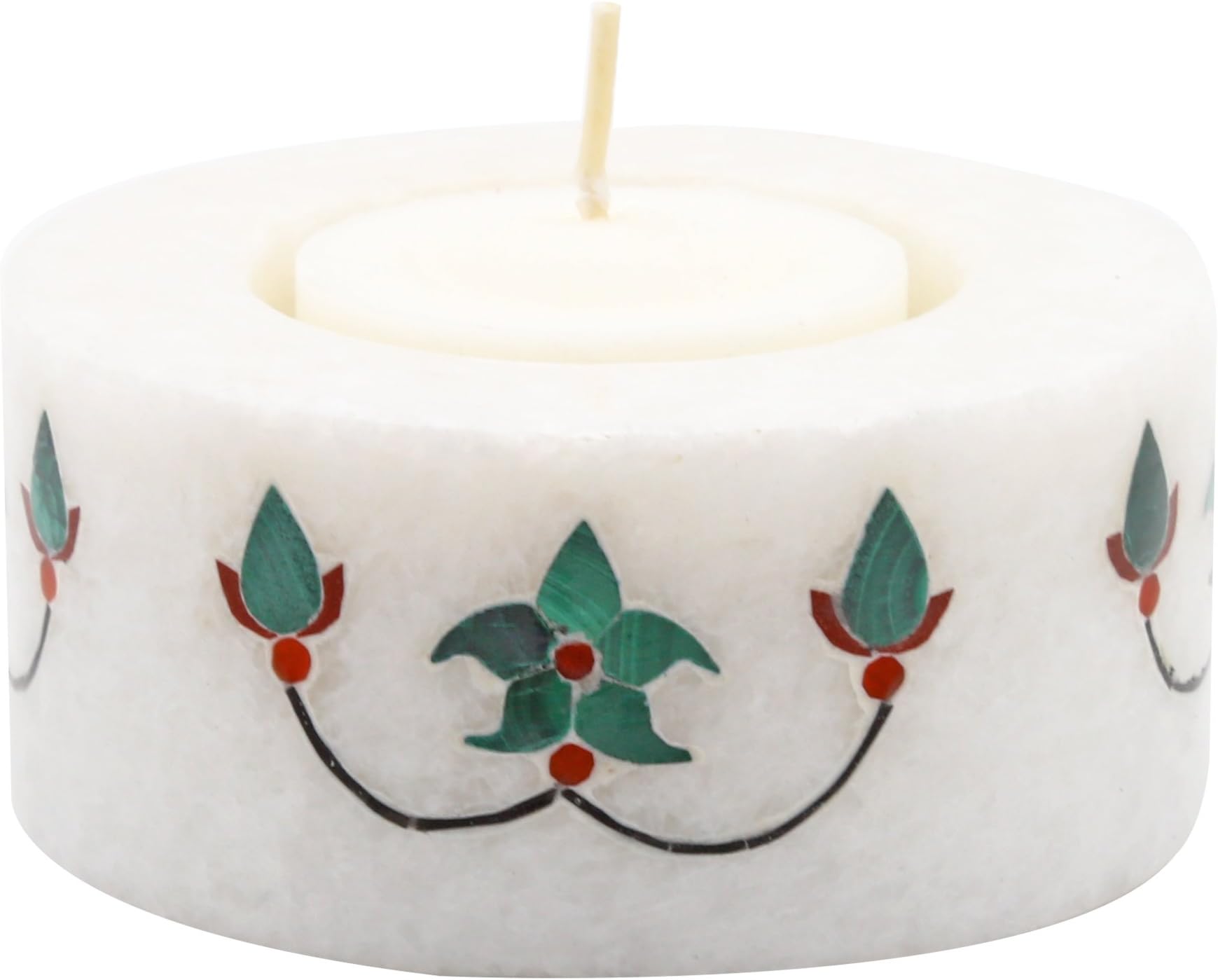 Pietra dura Marble Candle Stand - Tealight Round - Handcrafted Design and Inlaid with Pure Natural and Semi Precious Stones