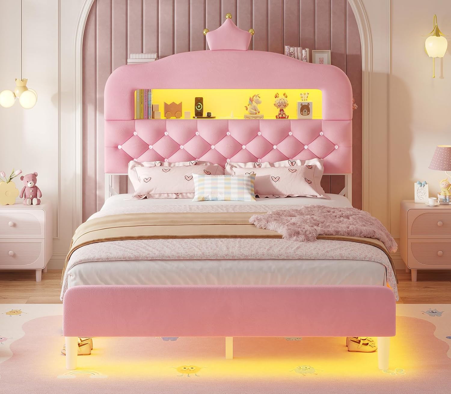 ADORNEVE Twin Upholstered LED Bed Frame with 2-Tier Storage Bookcase, Velvet Princess Platform Bed for Kids/Girls, Headboard with Charging Station & Crystal Button & Crown, No Box Spring Needed, Pink