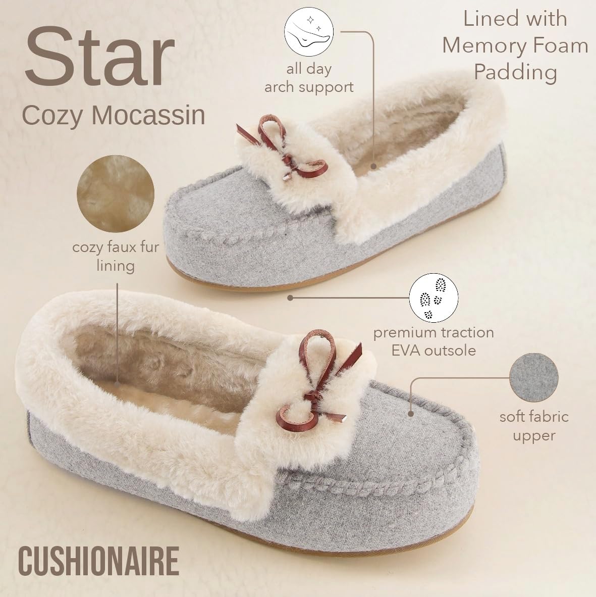 CUSHIONAIRE Stella Women's Moccasin Slippers – Faux Fur Lining, Memory Foam & Wide Widths Available