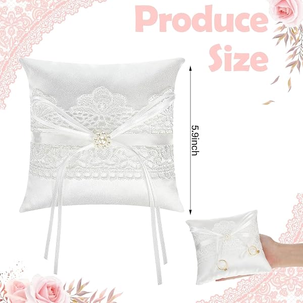 Coussin d’Alliance Mariage 2 Pièces 15x15 cm Blanc en Dentelle, Porte-Alliances Élégant, Support pour Bagues de Fiançailles et Cérémonie de Mariage - 2