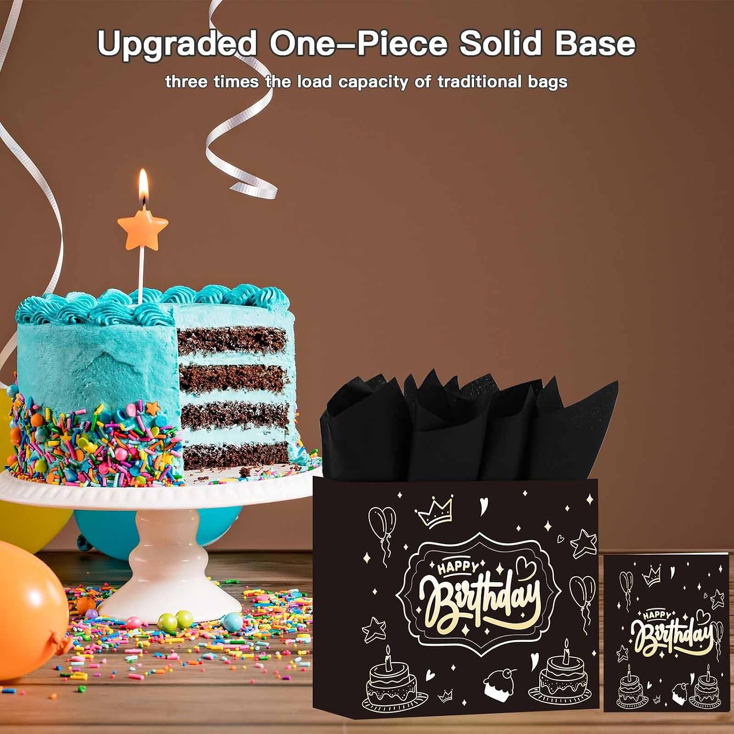 DUGUTUL Upgraded 13" Black Happy Birthday Gift Bag with Tissue Paper and Greeting Card for Party, Gold-Foil “Happy Birthday” Gift Bag for Men Women Boy Girl, Inner-Bond Handles – No Punch Holes, No Rip-Outs