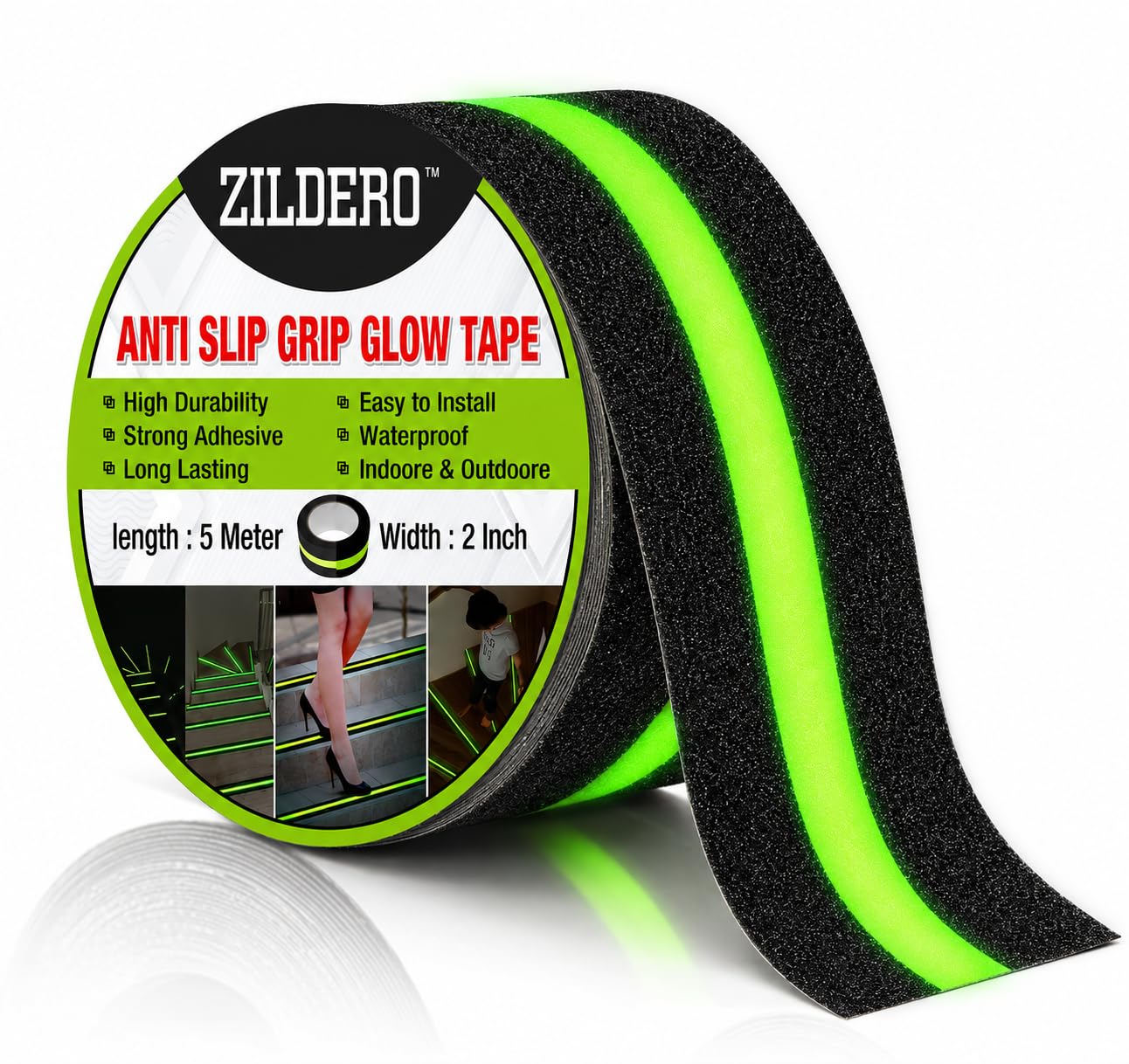 ZILDERO 10-Meter Anti Slip Grip Tape Glow Anti Slip Skid Tape for Stairs Steps Tape Glow in the Dark, Self Adhesive Waterproof Strips with Radium (5 cm x 10 m) (1)