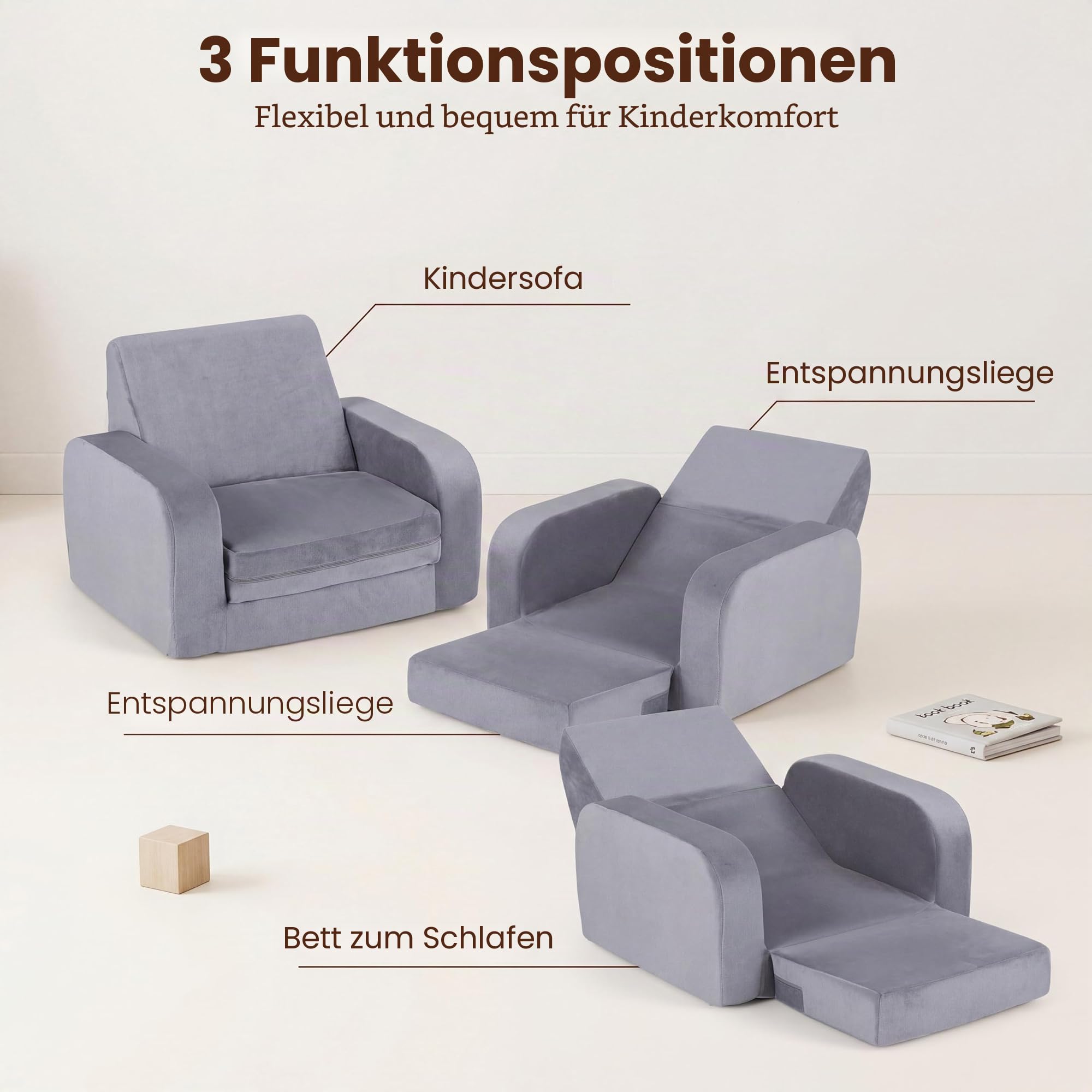 LIFEZEAL Kindersofa, 3-in-1 Klappbares Kindersessel, Schlafsofa mit abnehmbarem Bezug, Bequemes Bettsofa für Kleinkinder, Mini Baby Sofa für Schlafzimmer, Spielzimmer