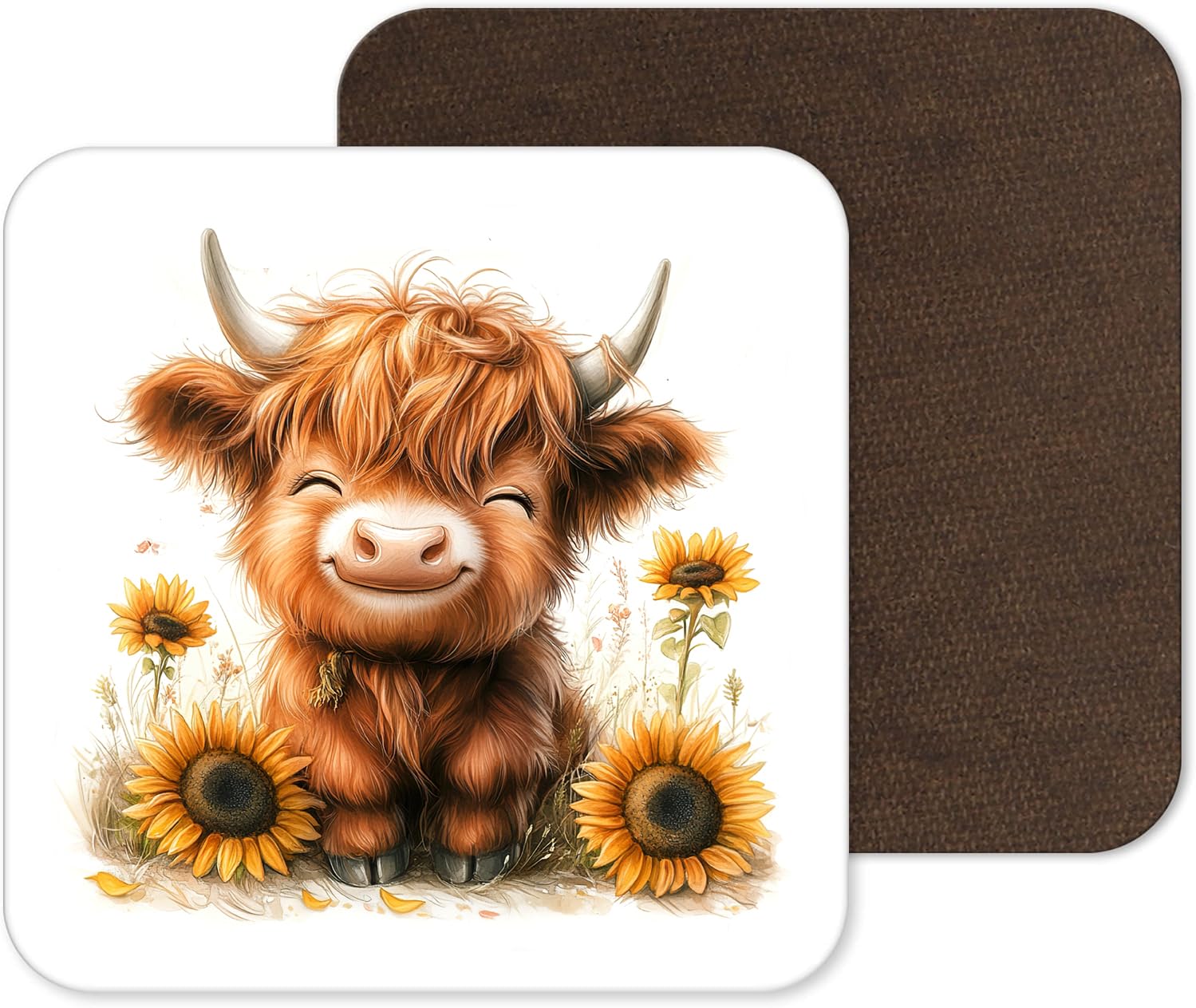 Funny and Cute Highland Cow Coasters - 25 Designs - Funny Retro Square Wooden Coaster (Design 3)