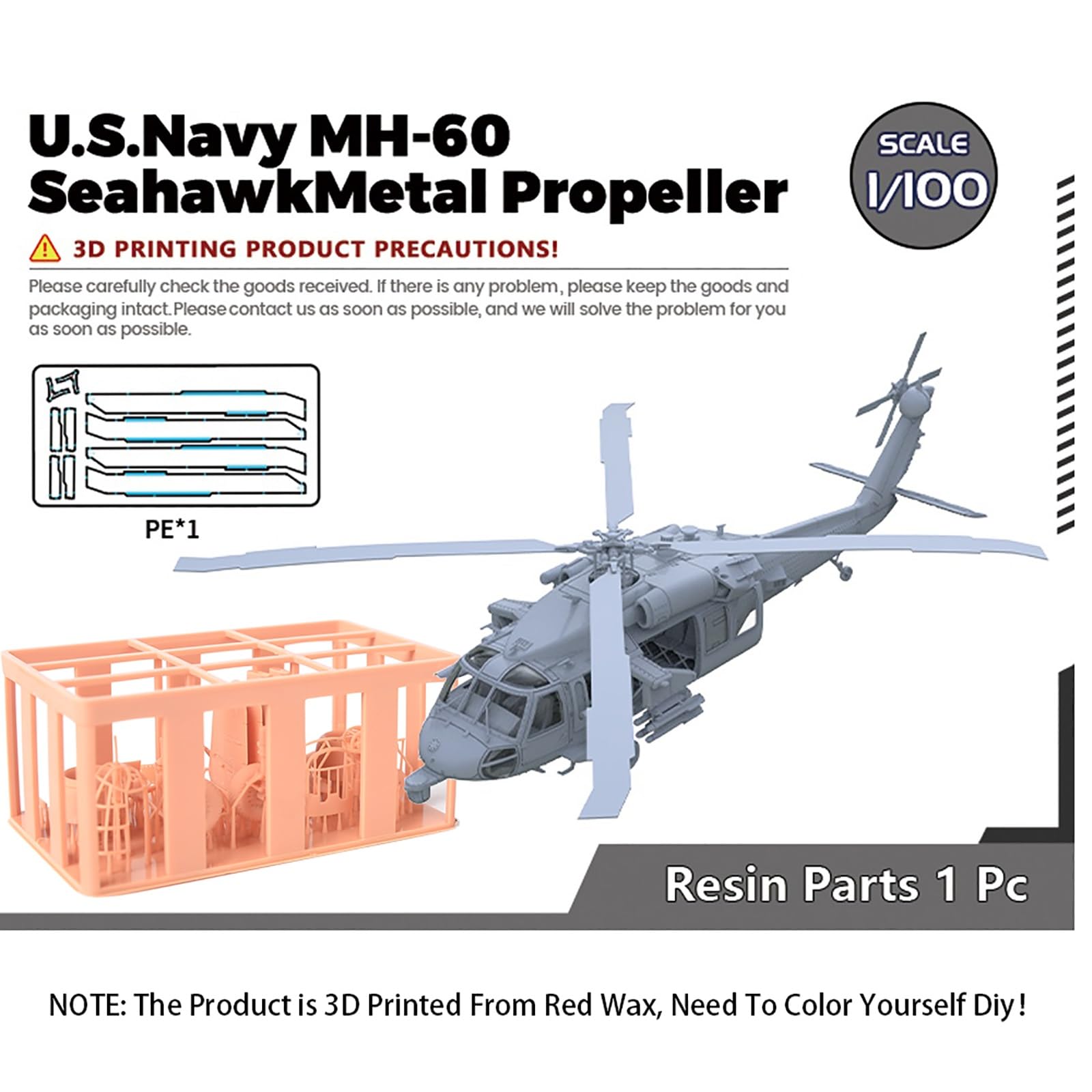 1/100 Scale 3D Military Model US Navy MH-60 Seahawk Naval Helicopter Uncolored Resin Model with Metal Rotor Blades Shipborne Helicopter DIY Model
